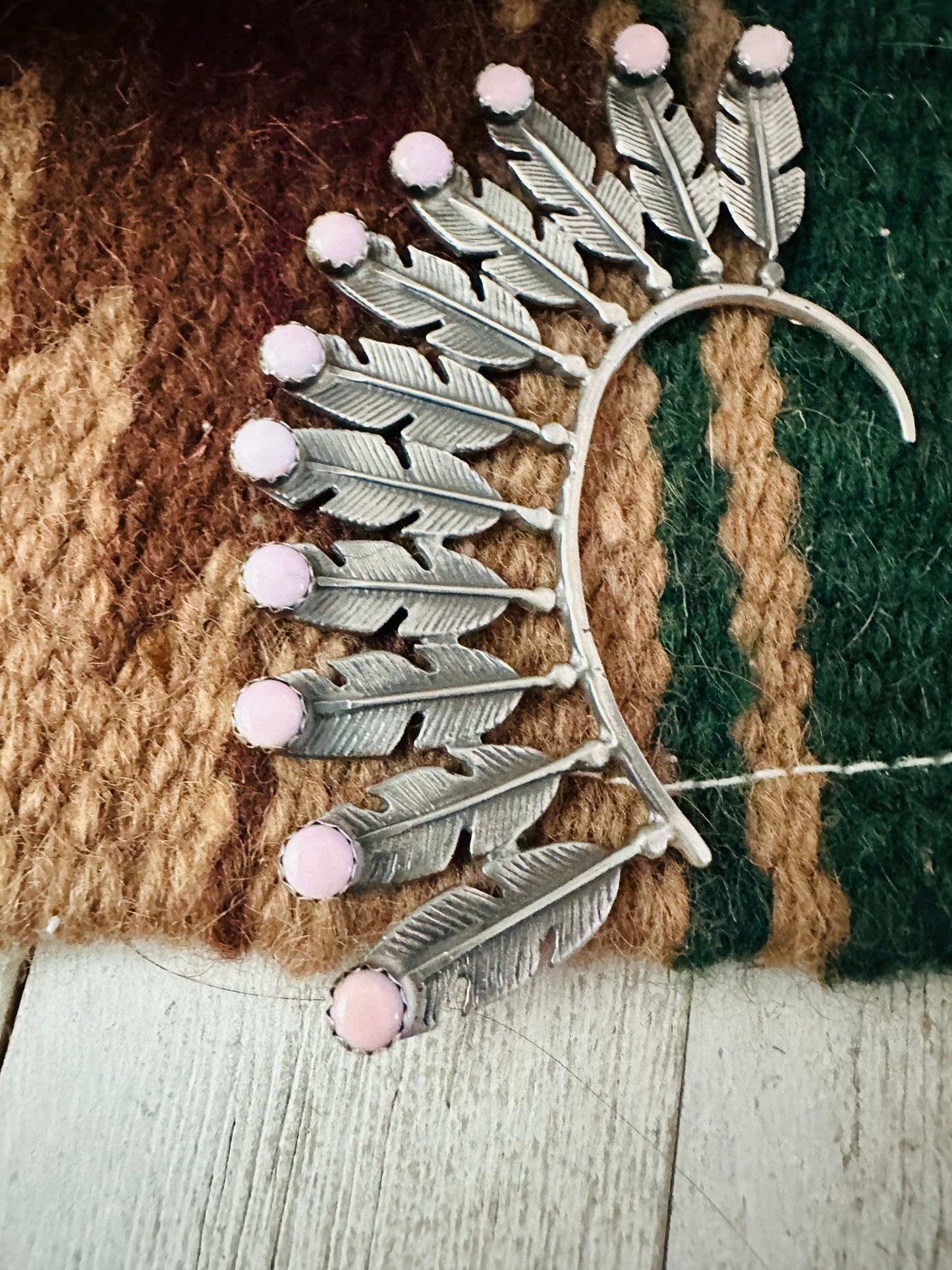 Handcrafted Queen Pink Conch & Sterling Silver Feather Cuff Earring