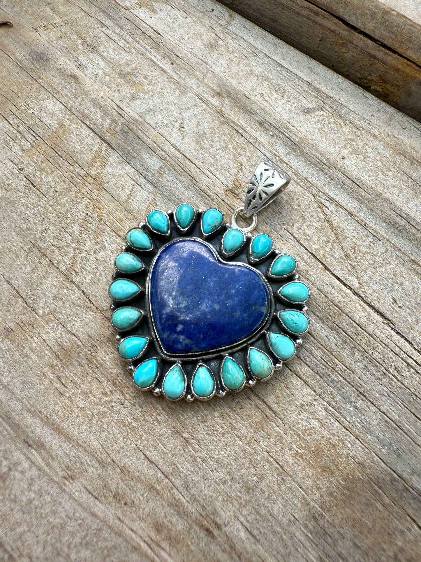 Handmade Stering Silver, Lapis & Kingman Turquoise Heart Pendant