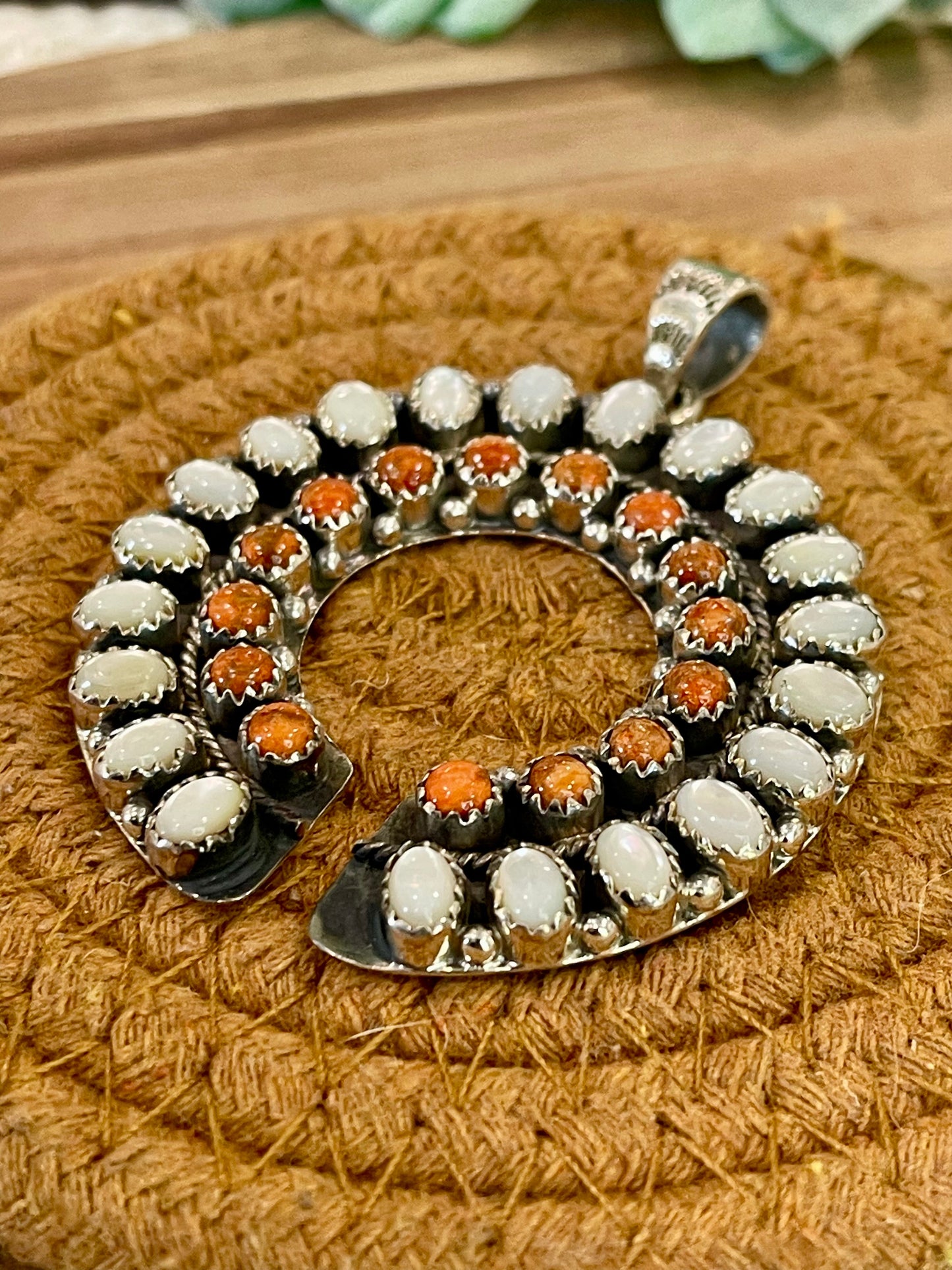 Handmade Sterling Silver, Mother Of Pearl & Orange Mojave Cluster Pendant Signed Nizhoni