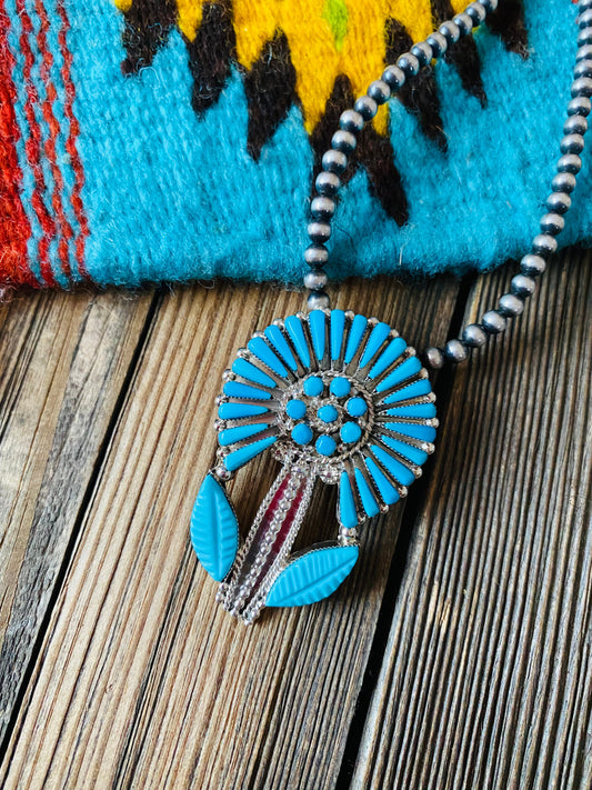 Handcrafted Sterling Silver & Turquoise Flower Pin/ Pendant