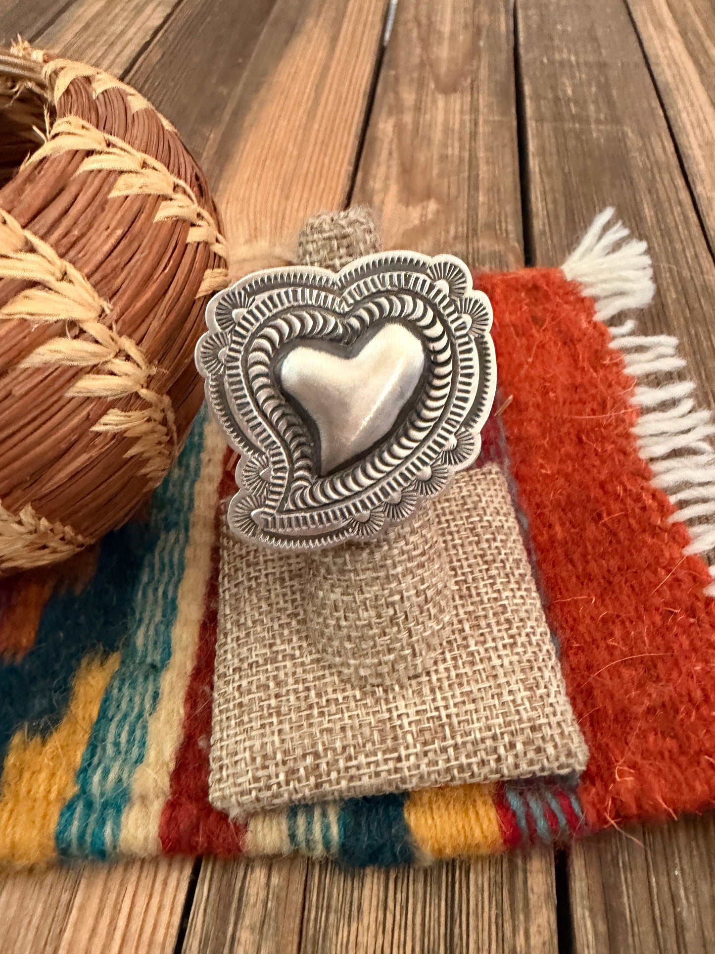 Handcrafted Sterling Silver Adjustable Heart Concho Ring by Leander Tahe