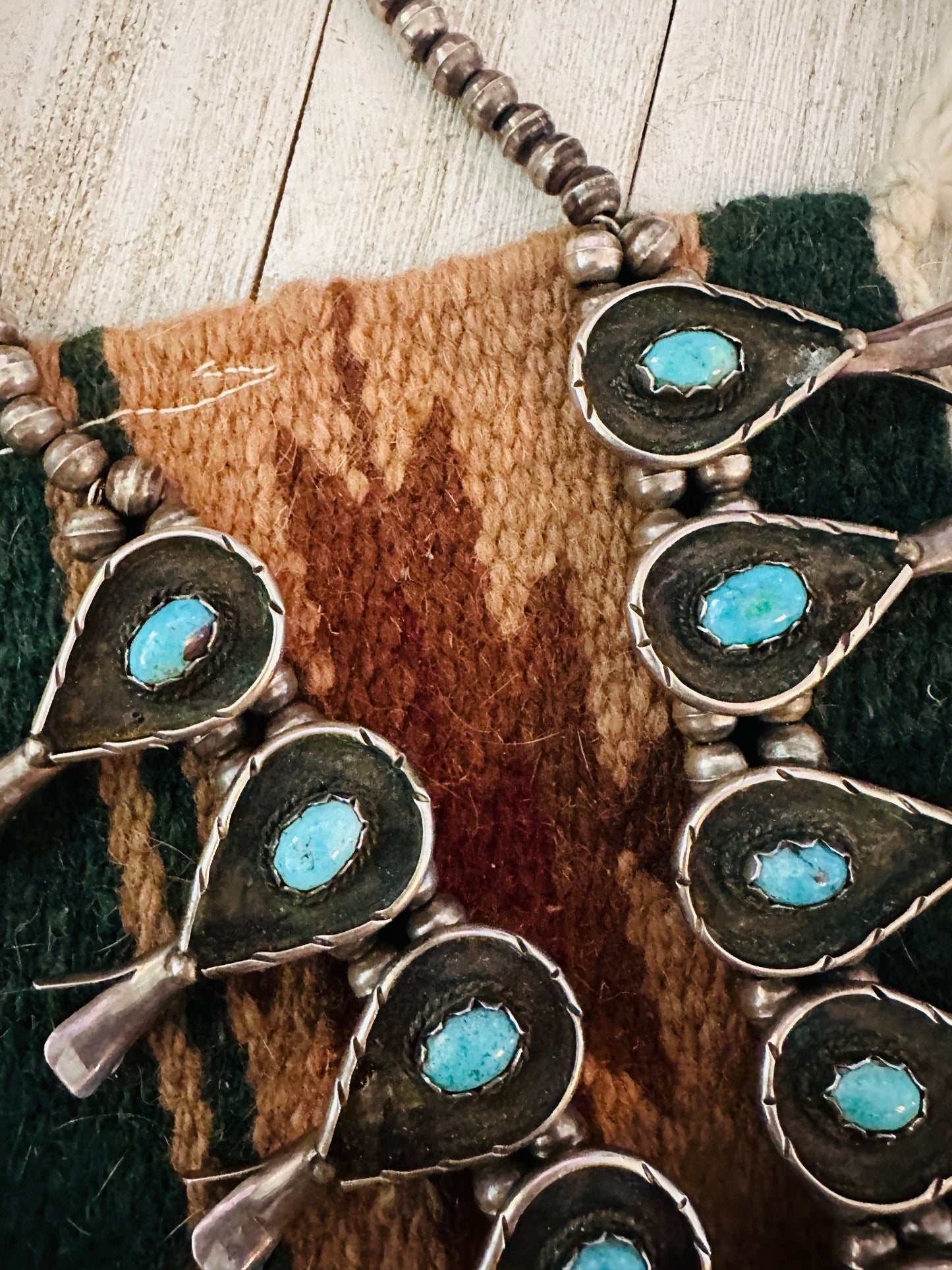 Vintage Old Pawn Turquoise & Sterling Silver Beaded Squash Blossom Necklace
