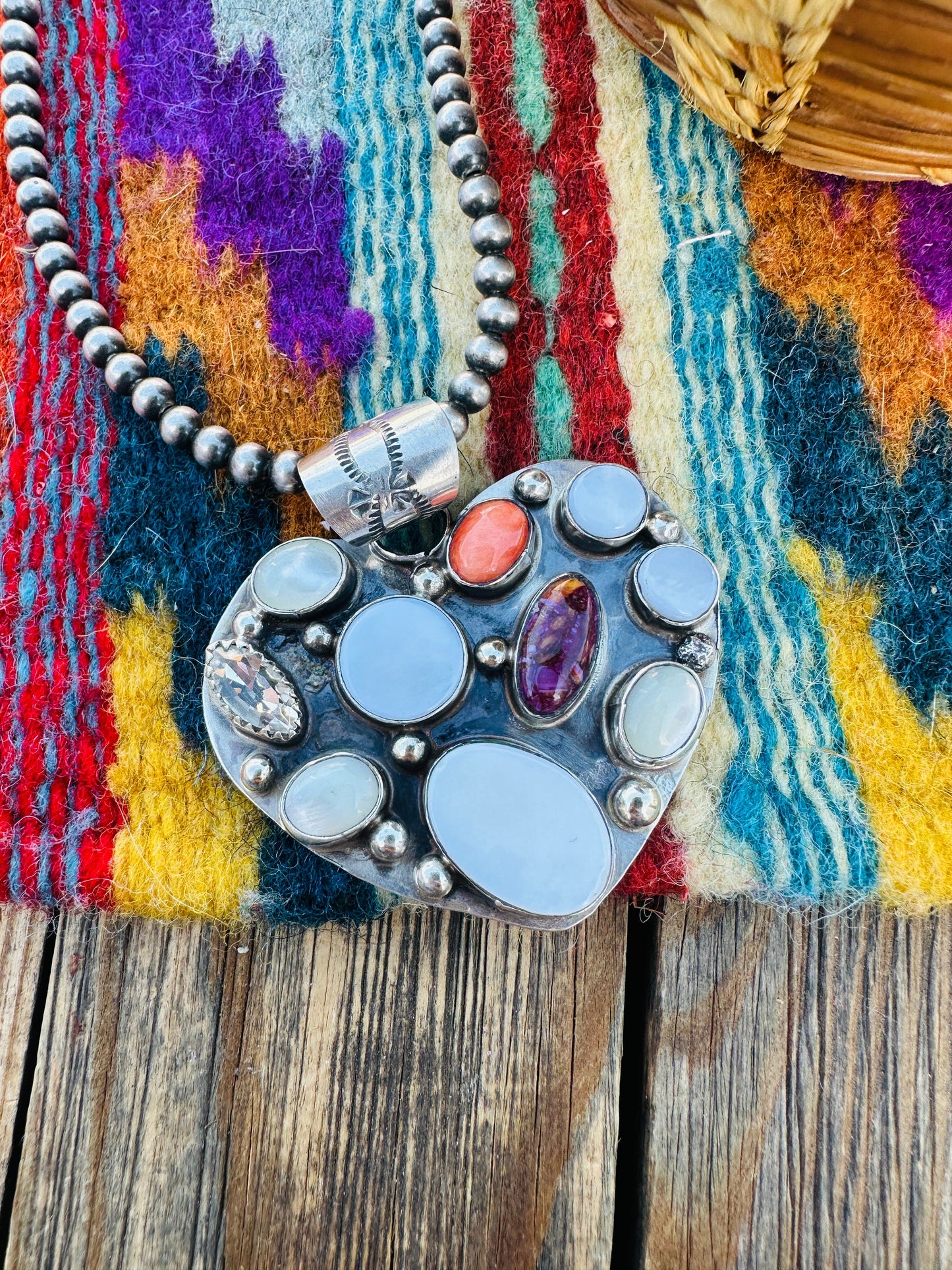 Handcrafted Mother of Pearl, Spiny, CZ & Sterling Silver Heart Pendant by Jacqueline Silver