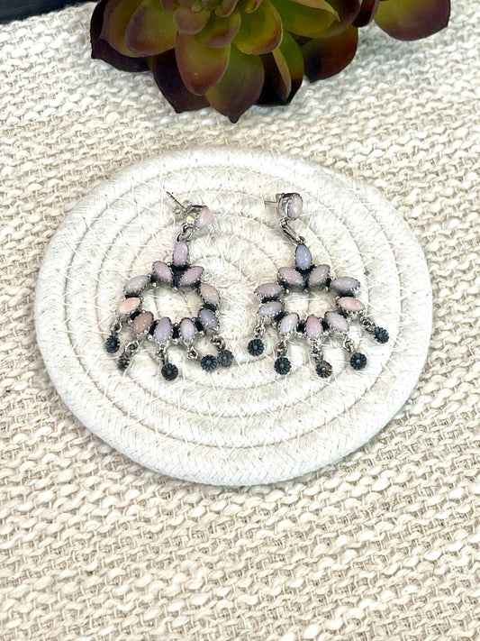 Handmade Pink Opal and Sterling Silver Cluster Dangle Earrings