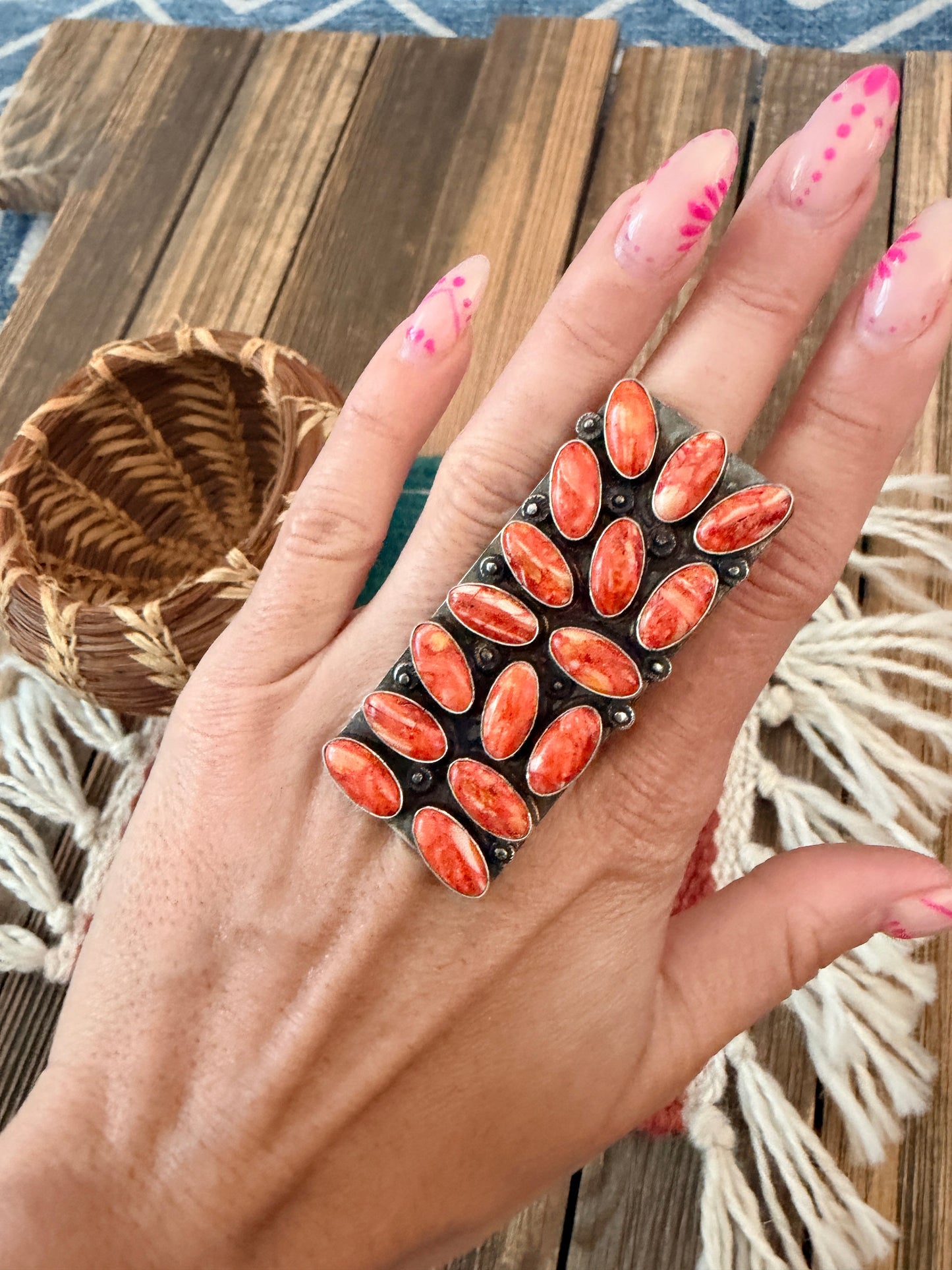 Handcrafted Orange Spiny Oyster & Sterling Silver Cluster Adjustable Ring by Jacqueline Silver