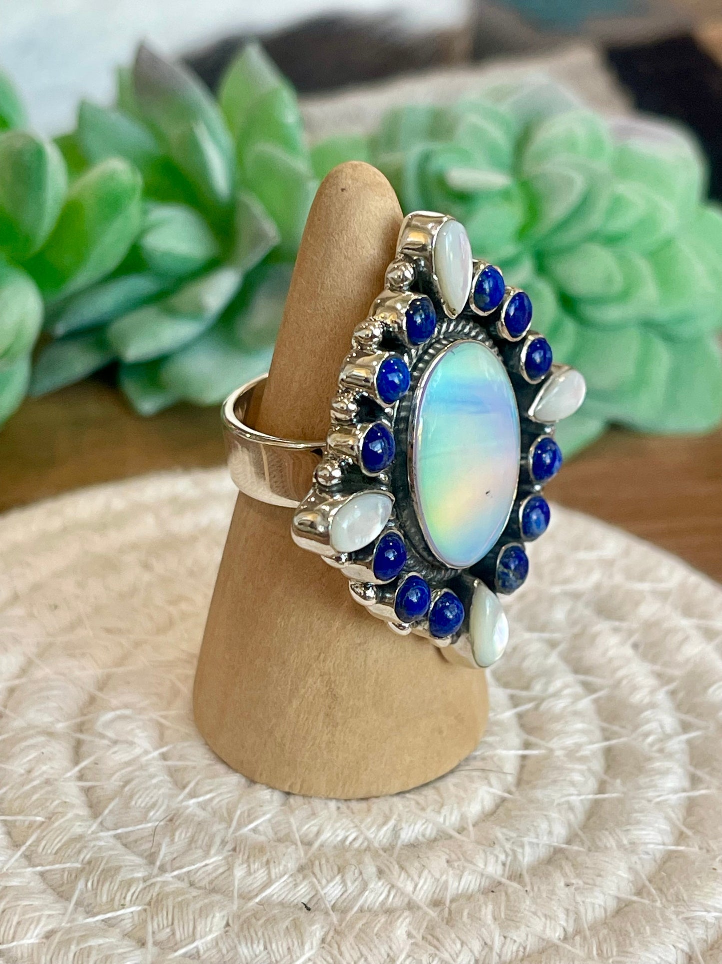 Handmade Opal, Mother Of Pearl, Lapis And Sterling Silver Adjustable Ring Signed Nizhoni