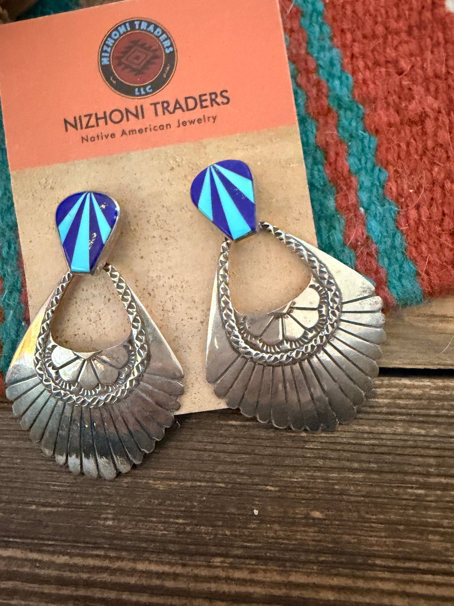 Handcrafted Old Pawn Turquoise, Lapis & Sterling Silver Inlay Concho Dangle Earrings