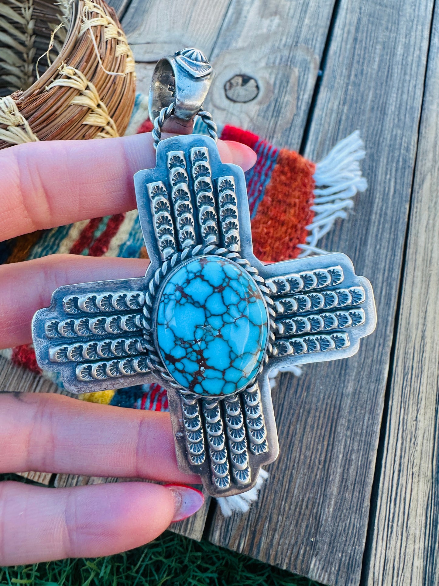 Handcrafted Sterling Silver & Turquoise Zia Cross Pendant