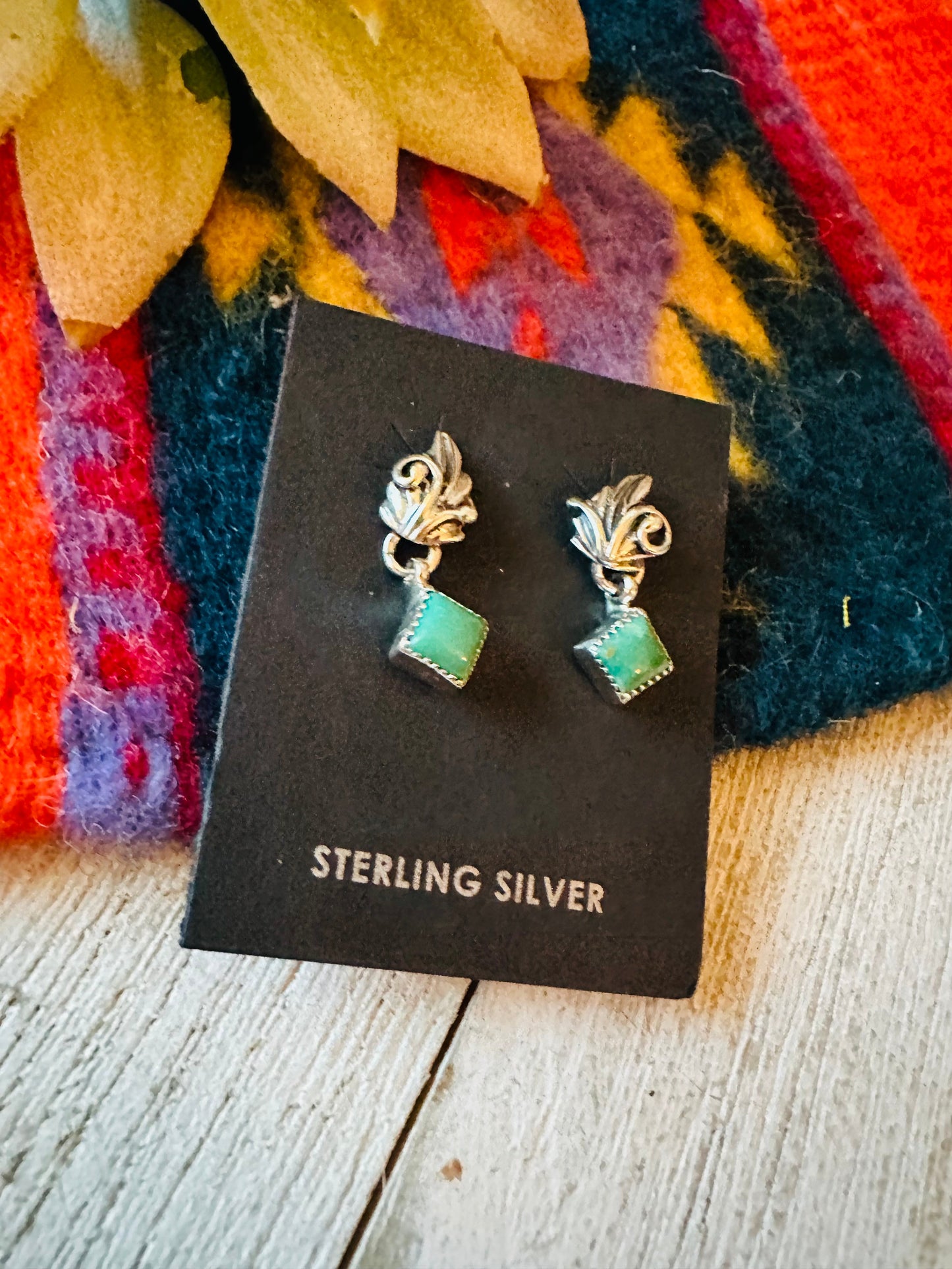 Navajo Turquoise and Sterling Silver Feather Diamond Dangle Earrings