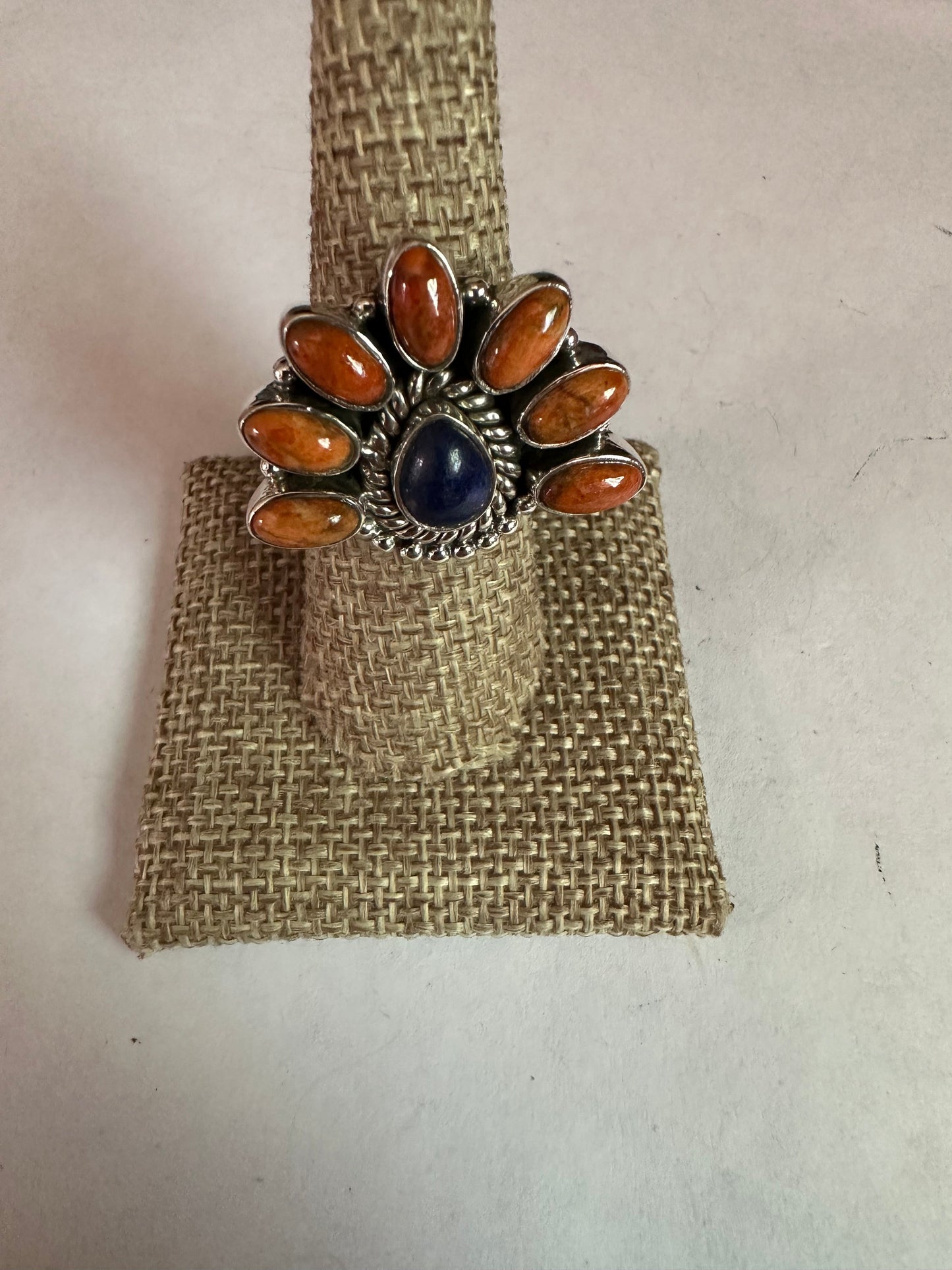 Handmade Lapis, Orange Mojave And Sterling Silver Adjustable Ring