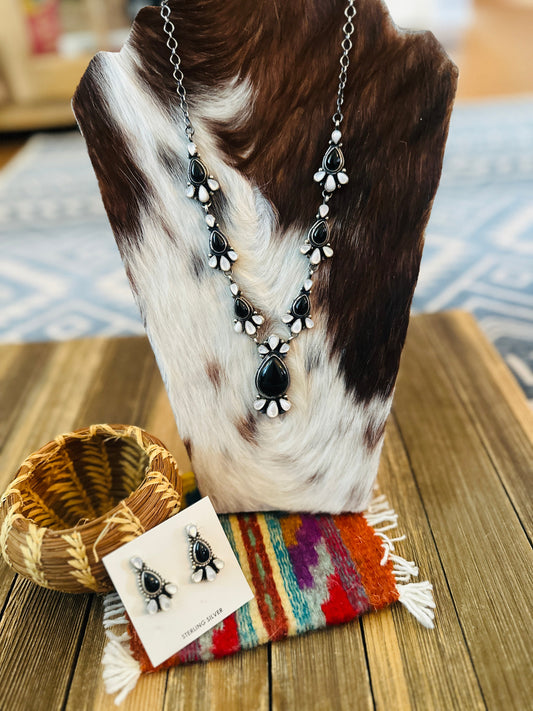 Handcrafted Onyx, Mother of Pearl & Sterling Silver Necklace and Earring Set by Sheila Becenti