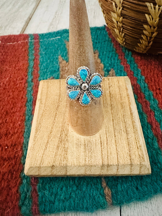 Handcrafted Sterling Silver & Blue Opal Flower Ring Size 7.5