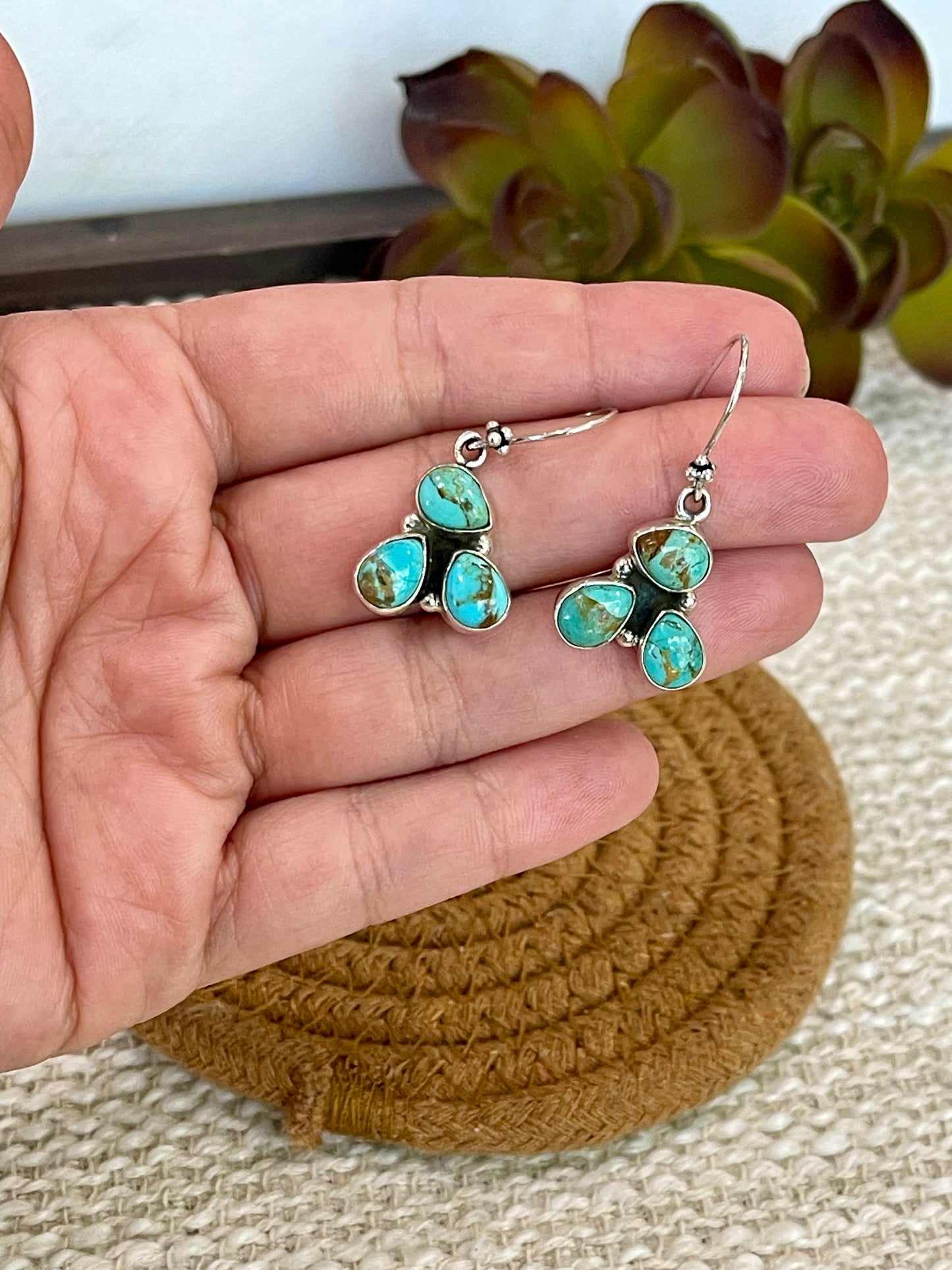 Handmade Sterling Silver Kingman Turquoise Wire Dangle Earrings with Signed Nizhoni