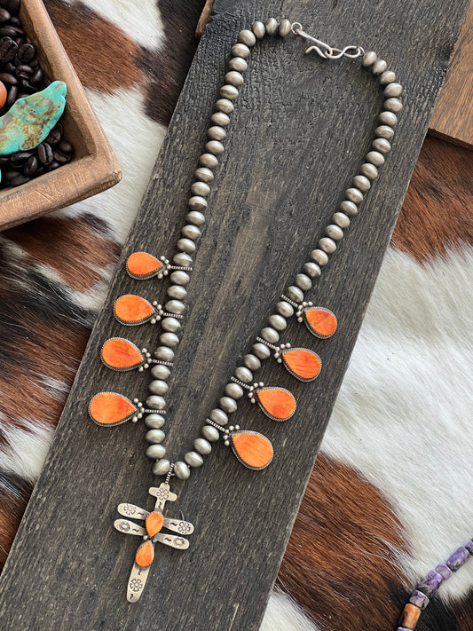 Handcrafted Sterling Silver And Orange Spiny Oyster Shell Dragonfly Bead Necklace by Selena Warner