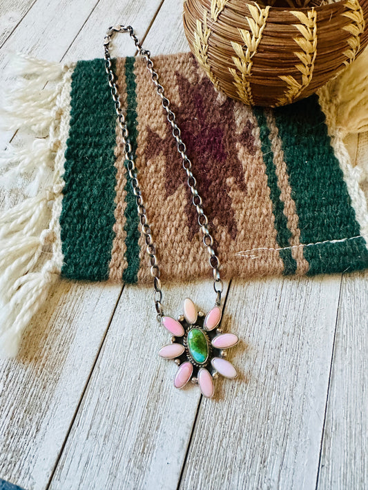 Handcrafted Sterling Silver, Queen Pink Conch Shell & Turquoise Necklace