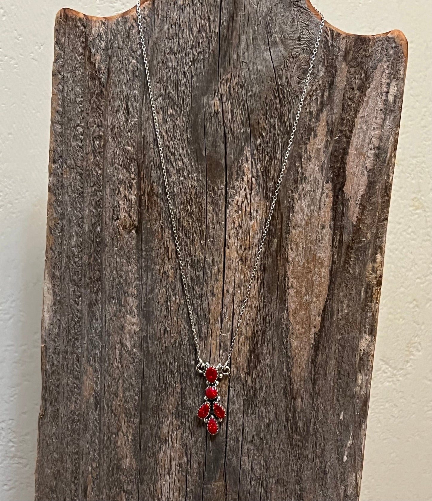 Handmade Fire Red Opal Tear Drop Cluster Sterling Silver Necklace