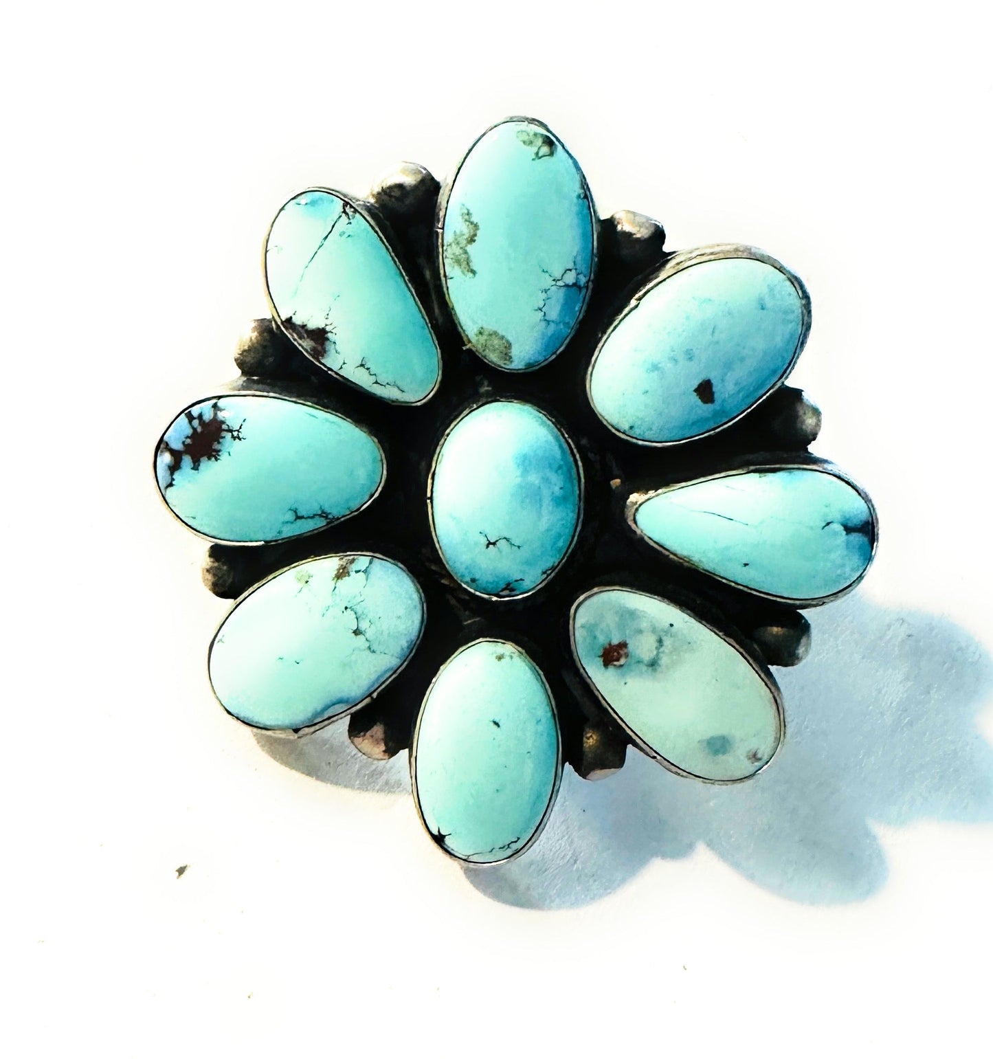 Handcrafted Golden Hills Turquoise & Sterling Silver Cluster Ring by Bobby Johnson, Size 8.75
