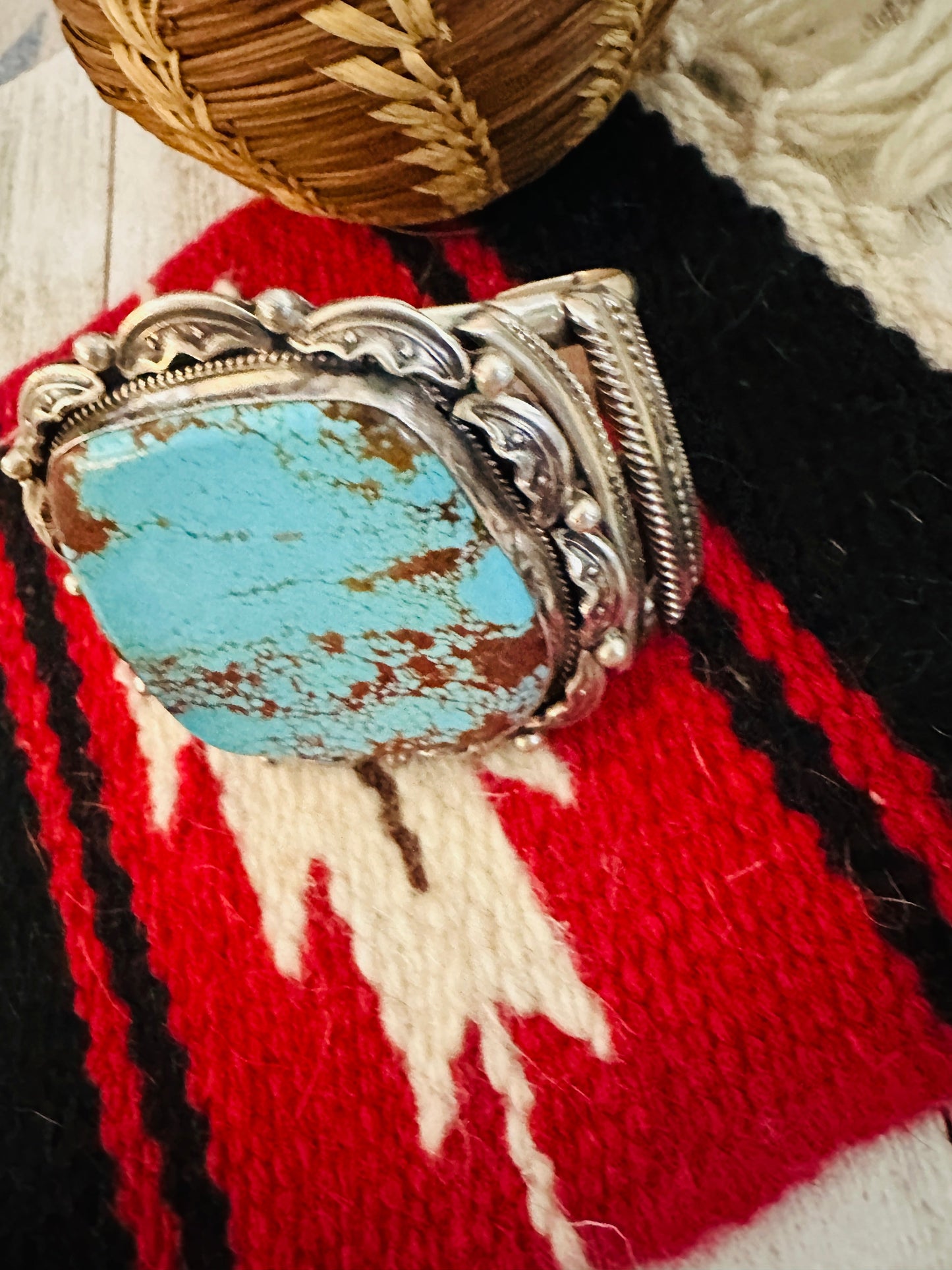 Vintage Old Pawn Handcrafted Sterling Silver & Number 8 Turquoise Cuff Bracelet