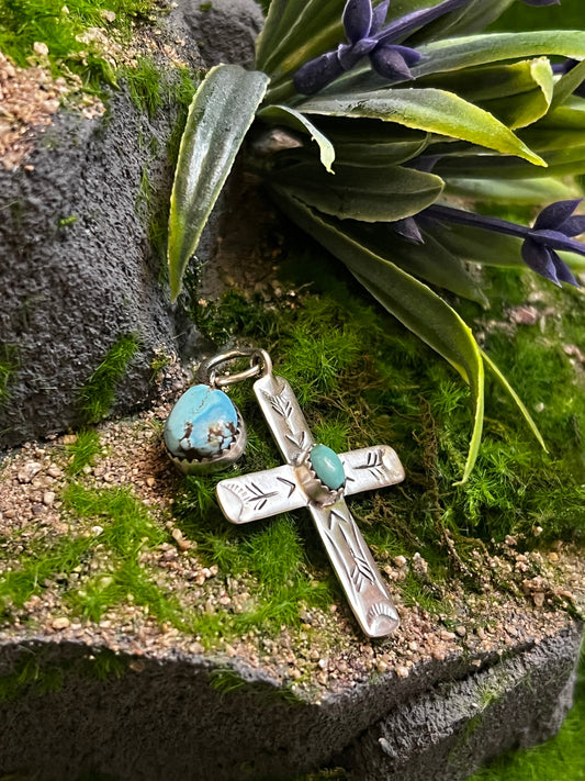 Handmade Golden Hills Turquoise Tear Drop & Etched Sterling Silver Cross Pendant