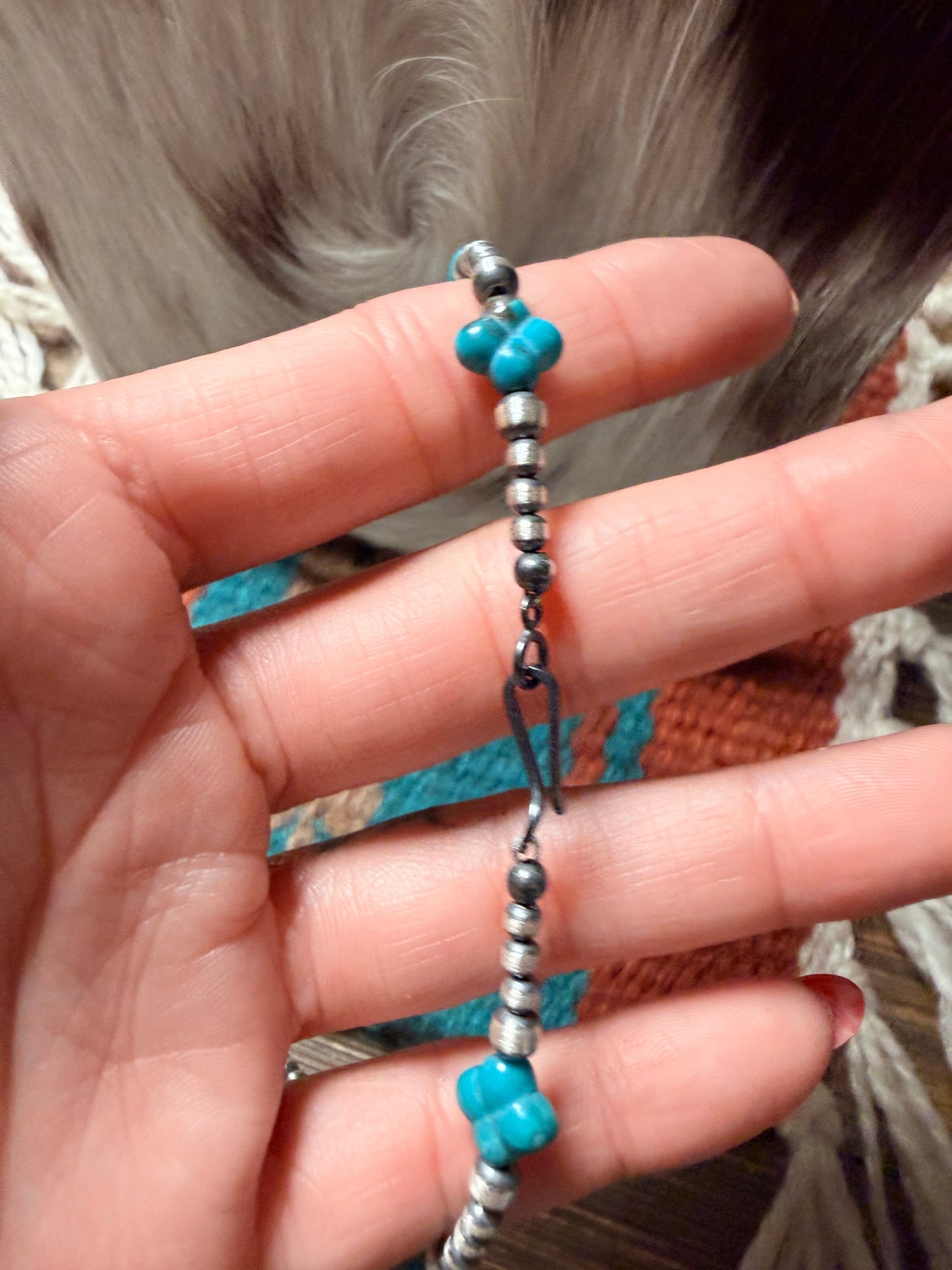 Handcrafted Quatrefoil Shaped Turquoise & Sterling Silver Pearl 20" Beaded Necklace