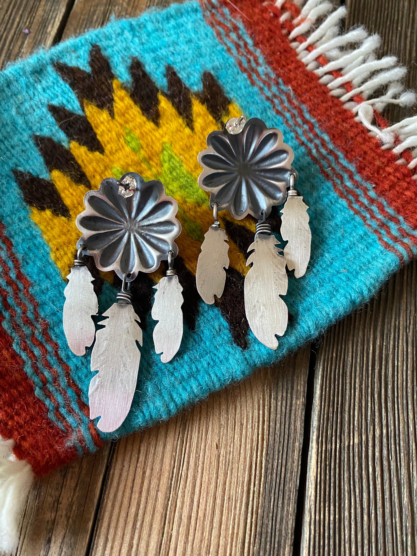 Navajo Sterling Silver & Turquoise Concho Feather Dangle Earrings