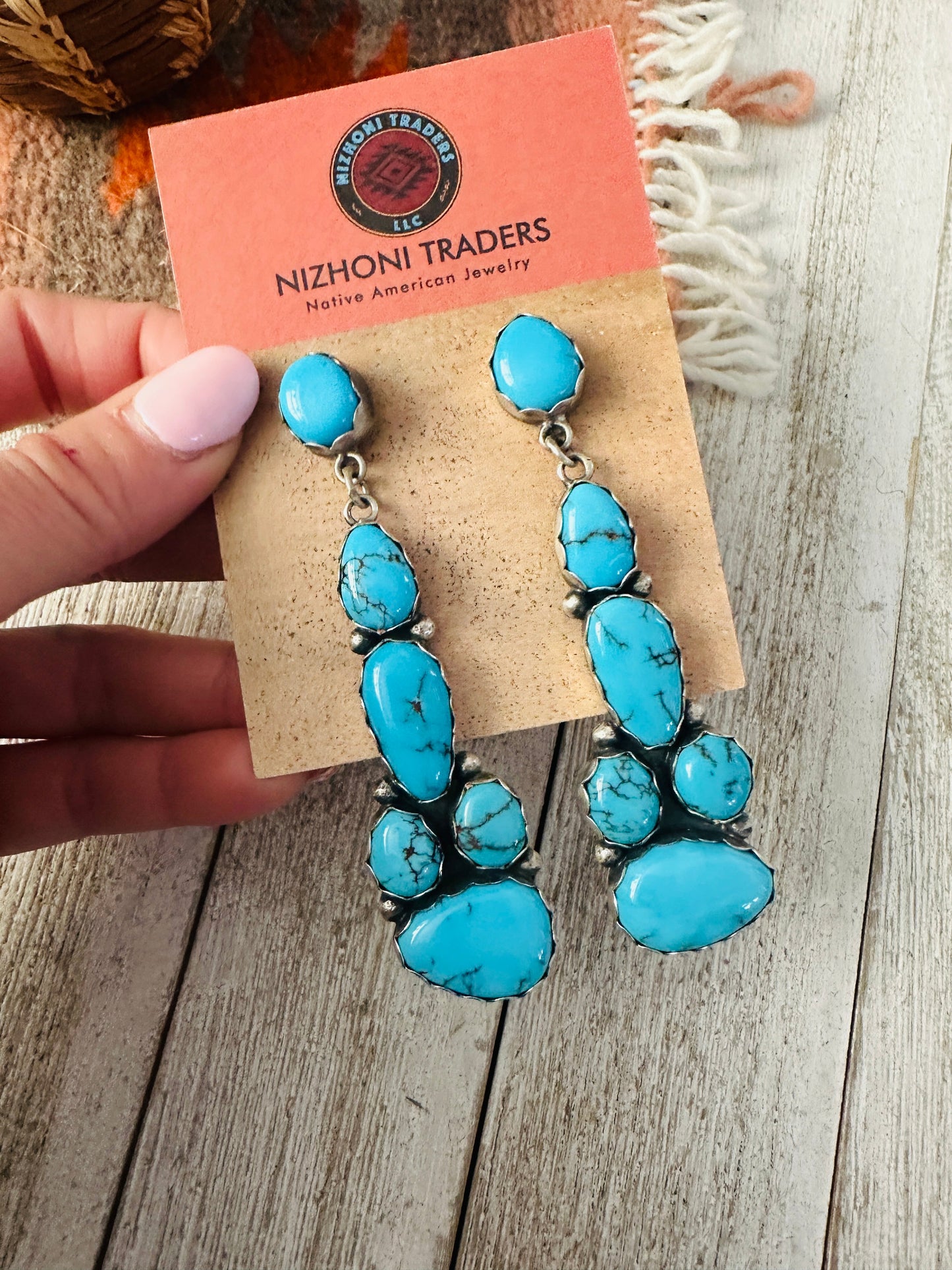 Handcrafted Sterling Silver & Turquoise Cluster Dangle Earrings