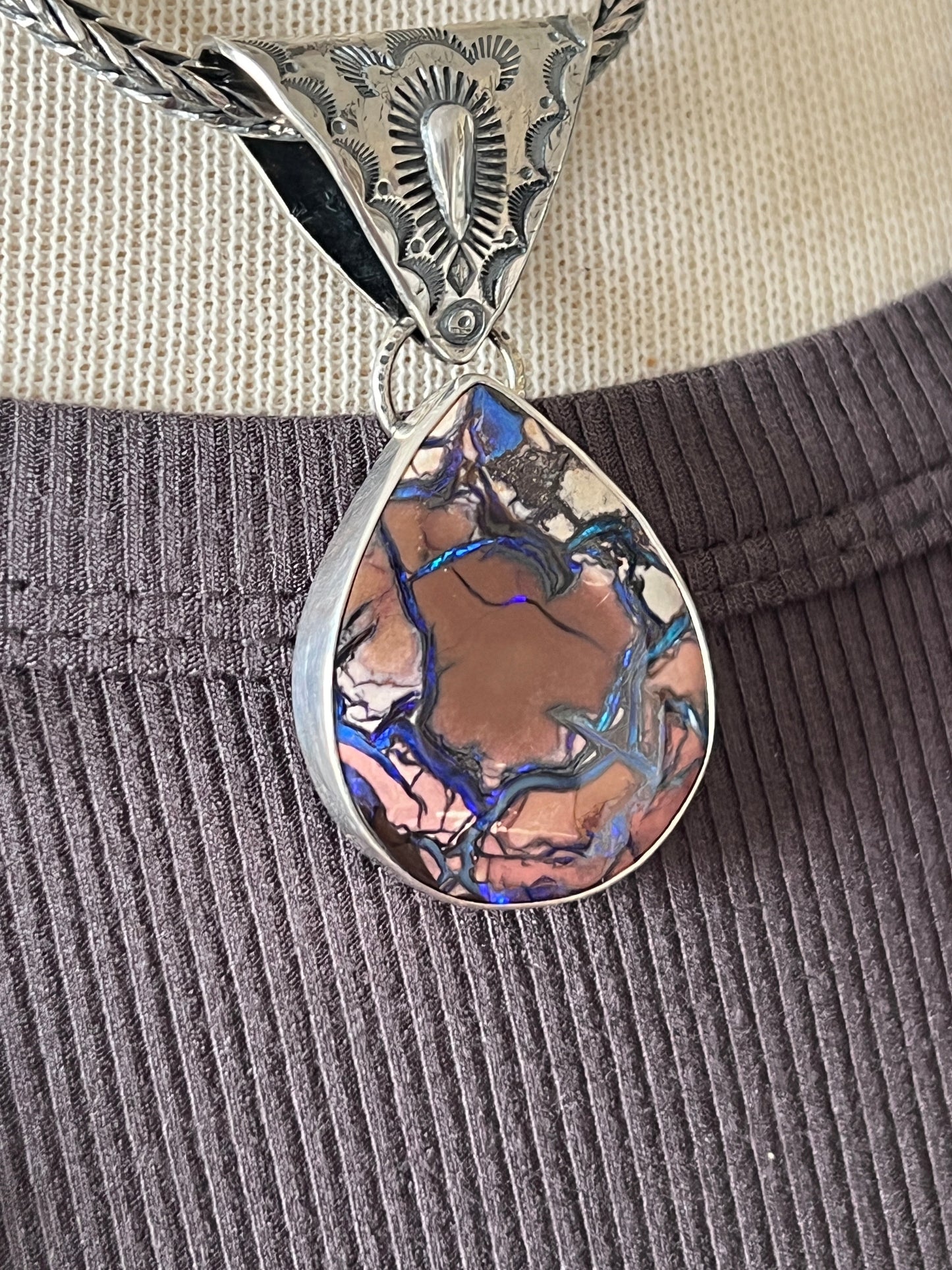 Handcrafted Artisan Sterling Silver & Boulder Opal Pendant by Mahkato Silver