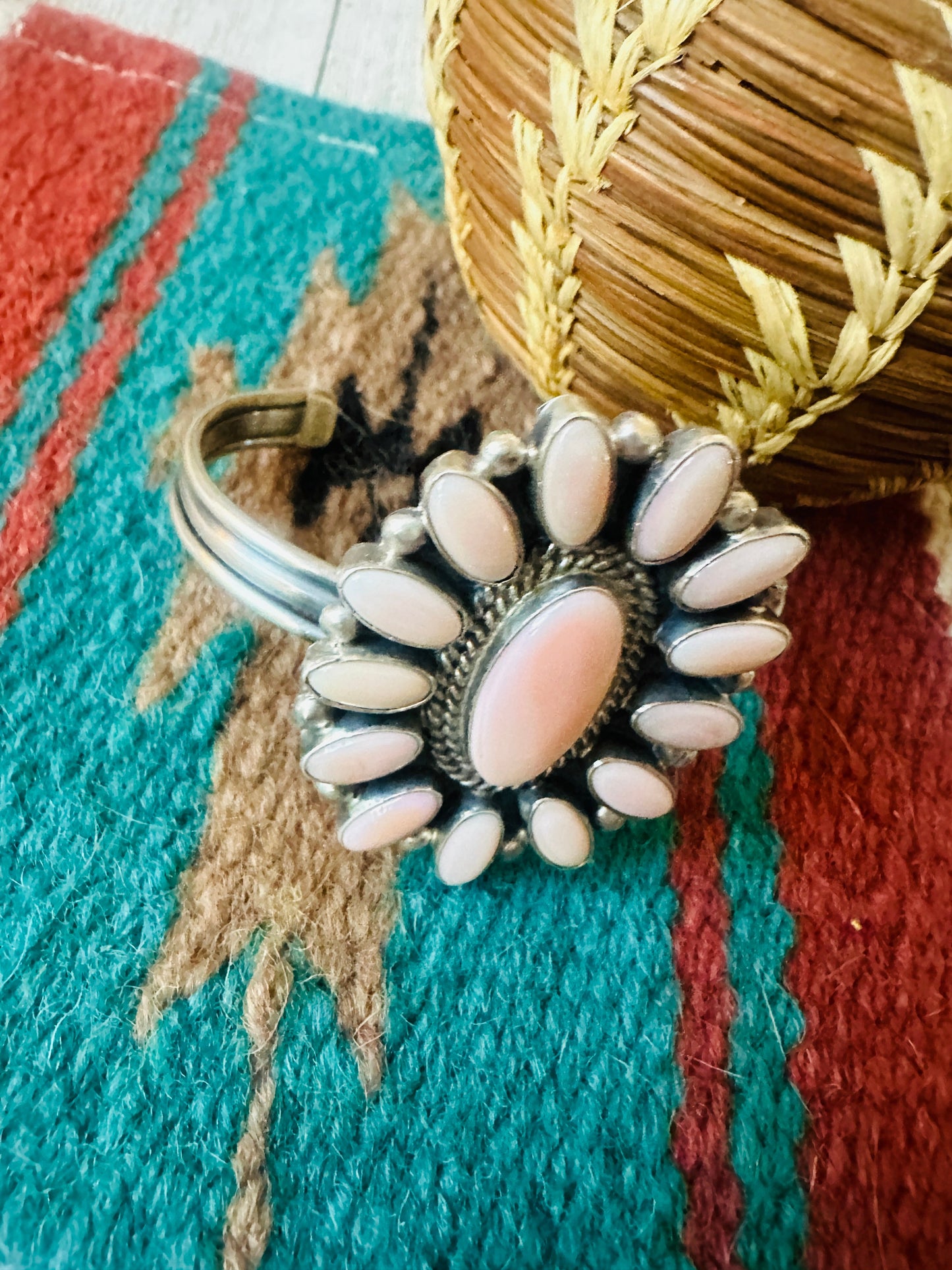 Navajo Queen Pink Conch Shell & Sterling Silver Cluster Cuff Bracelet