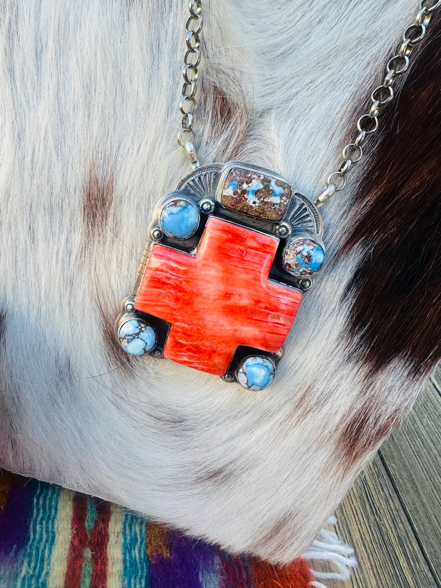 Handcrafted Spiny Oyster, Turquoise & Sterling Silver Cross Necklace