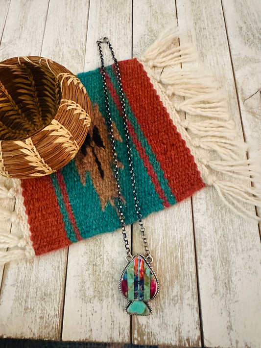Handcrafted Sterling Silver & Multi Stone Inlay Spade Necklace