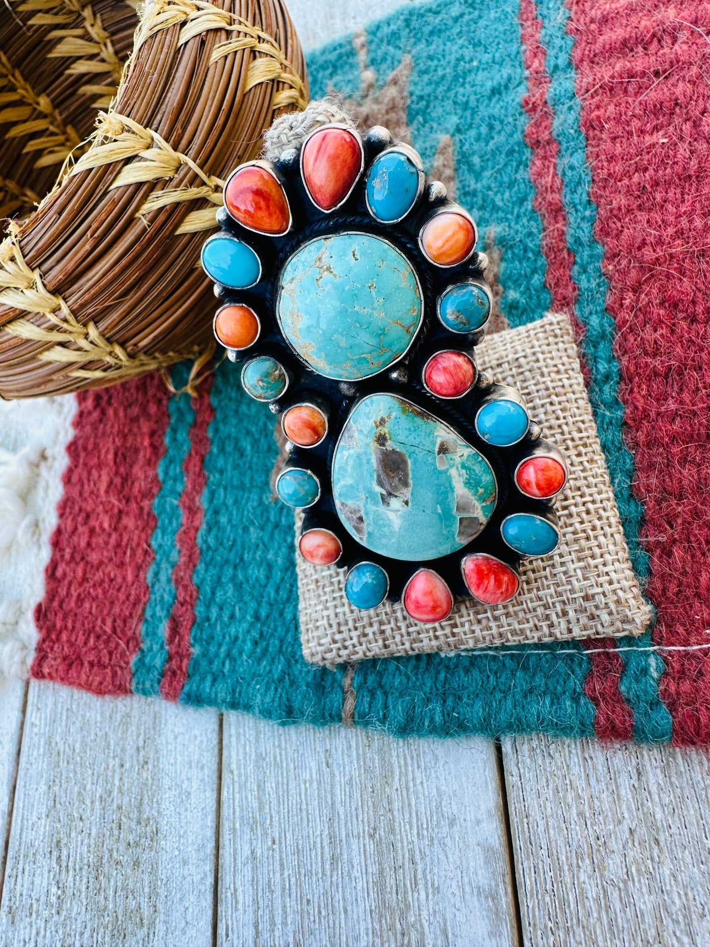 Handcrafted Turquoise, Spiny & Sterling Silver Cluster Ring Size 12 by Sheila Becenti