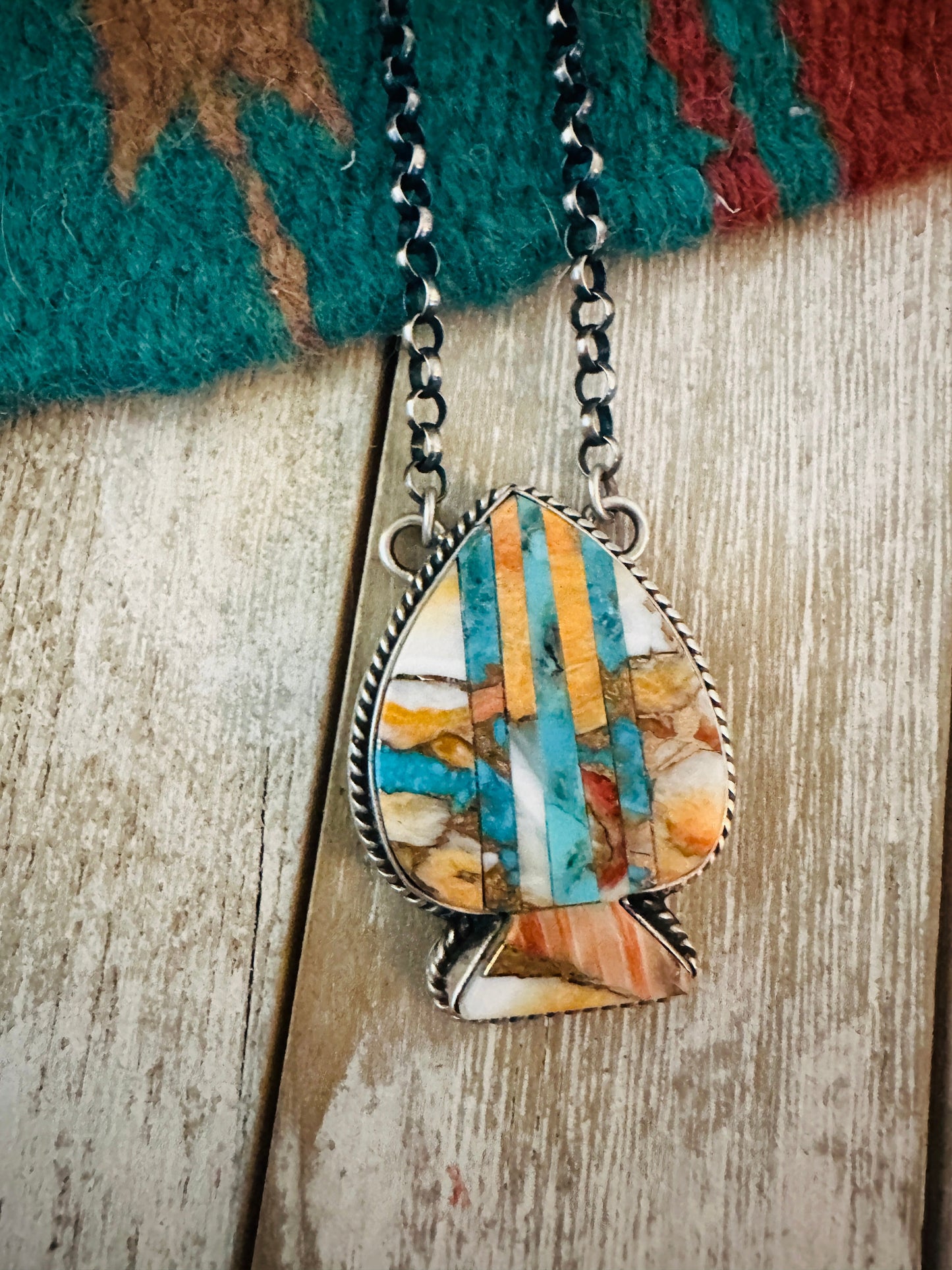 Handcrafted Sterling Silver & Multi Stone Inlay Spade Necklace