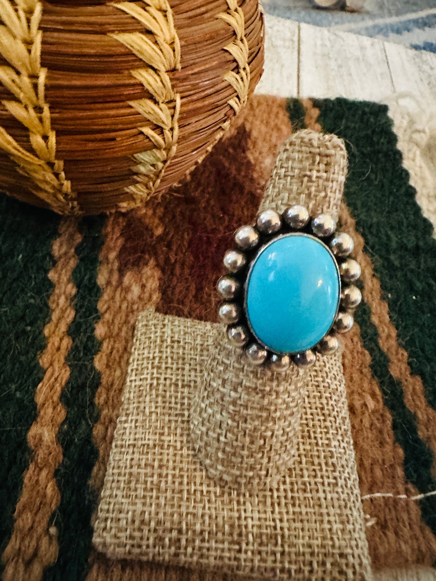 Old Pawn Handcrafted Turquoise & Sterling Silver Ring Size 6.75