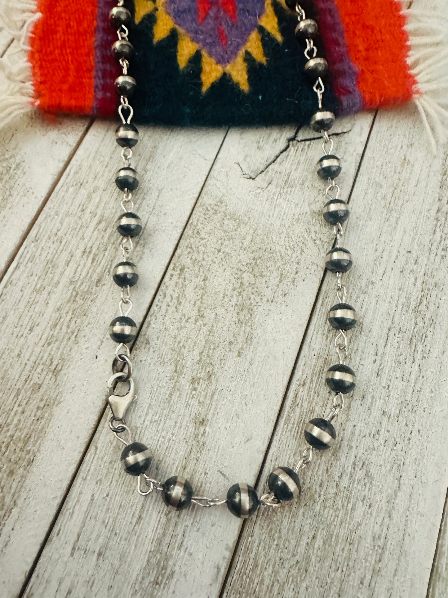 Handcrafted Sterling Silver Beaded Rosary Style Necklace 8mm