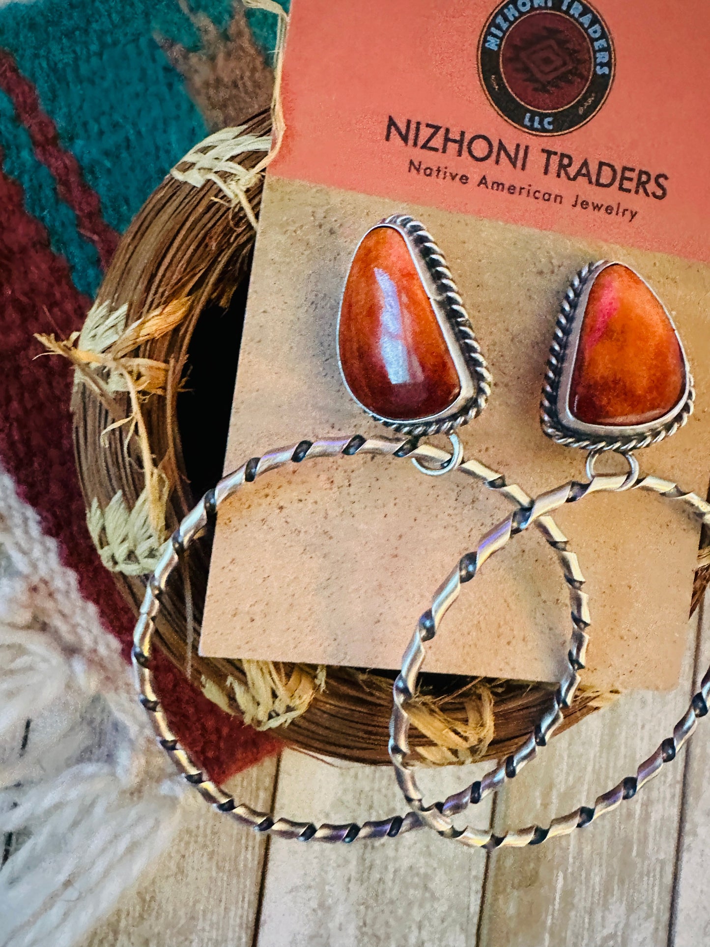 Handcrafted Orange Spiny and Sterling Silver Dangle Hoop Earrings