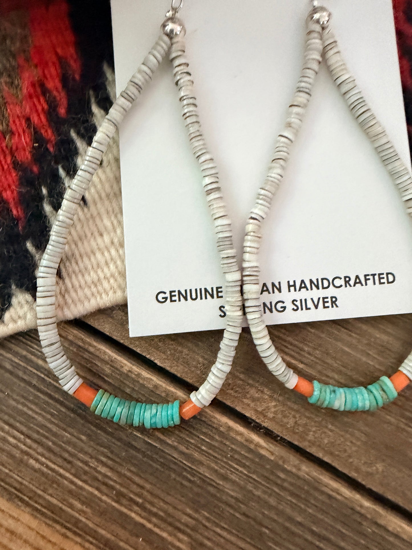 Handcrafted Heishi Shell, Turquoise & Spiny Beaded Dangle Hoop Earrings