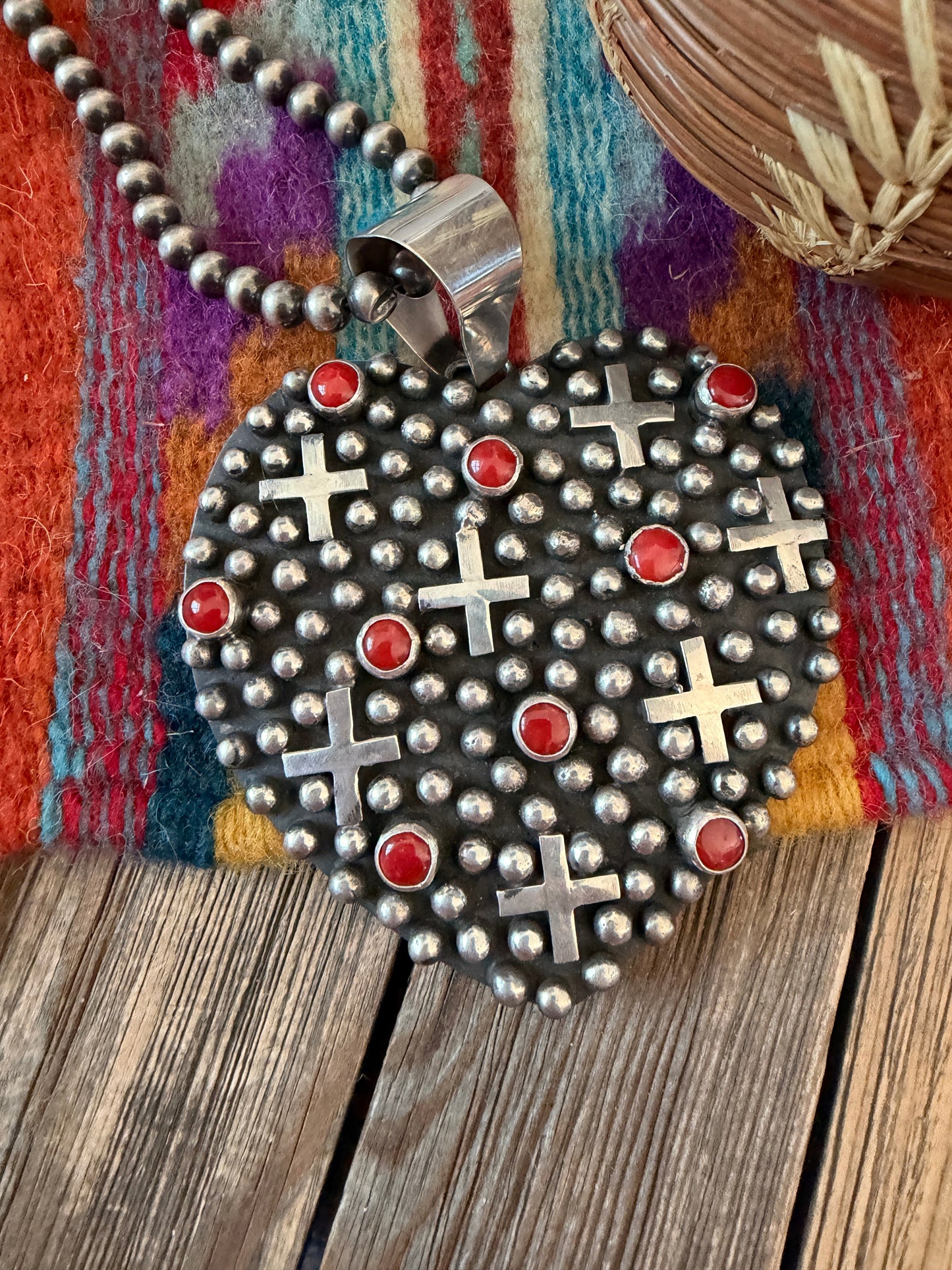 Handcrafted Coral & Sterling Silver Heart Cross Pendant by Geneva Apachito
