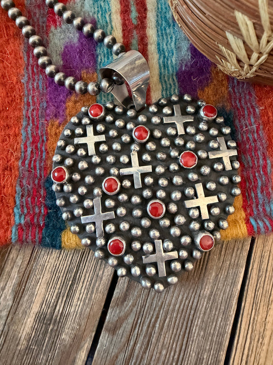 Handcrafted Coral & Sterling Silver Heart Cross Pendant by Geneva Apachito