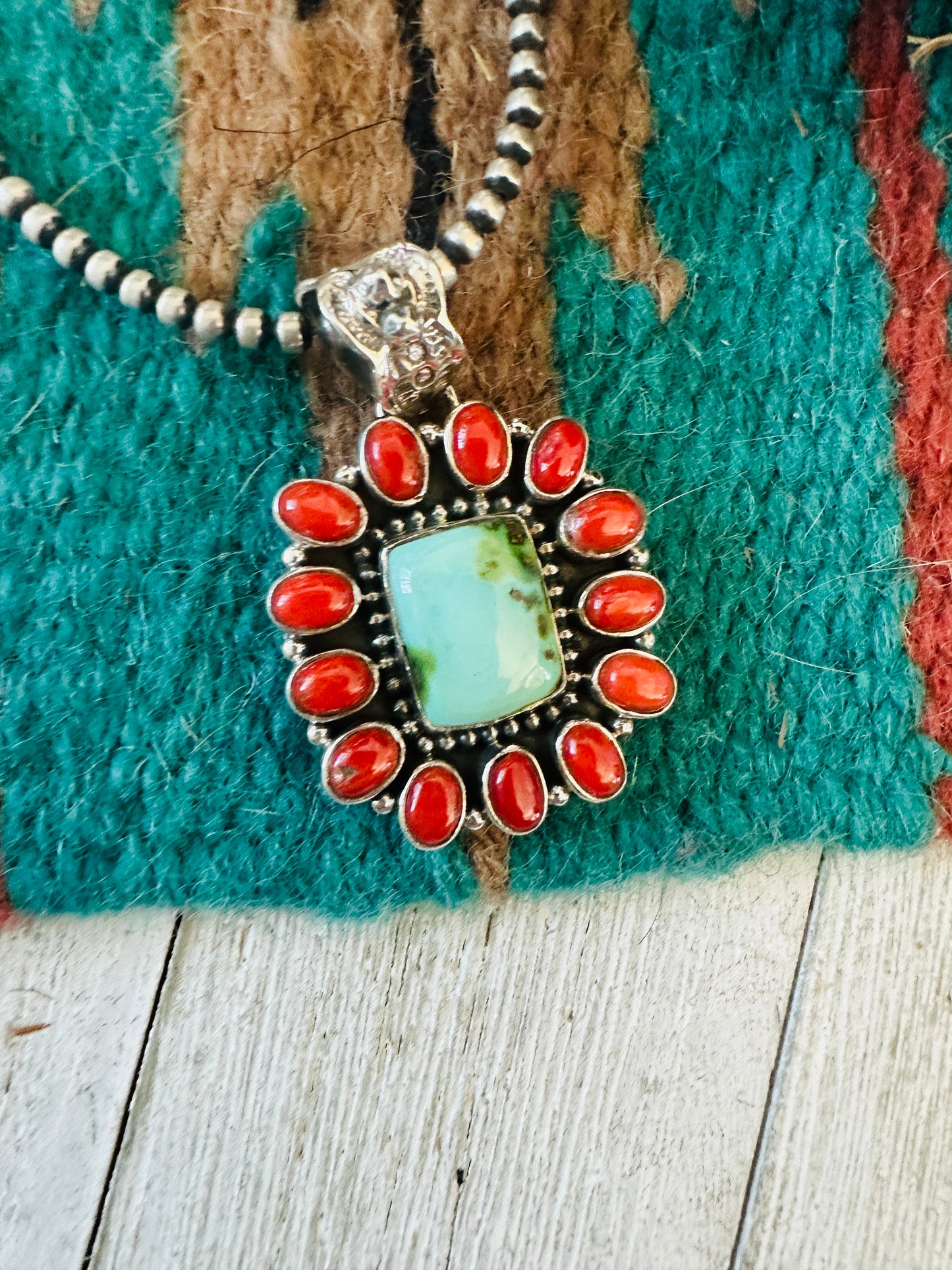** Christmas Collection ** Handmade Sterling Silver, Coral & Turquoise Cluster Pendant Signed Nizhoni