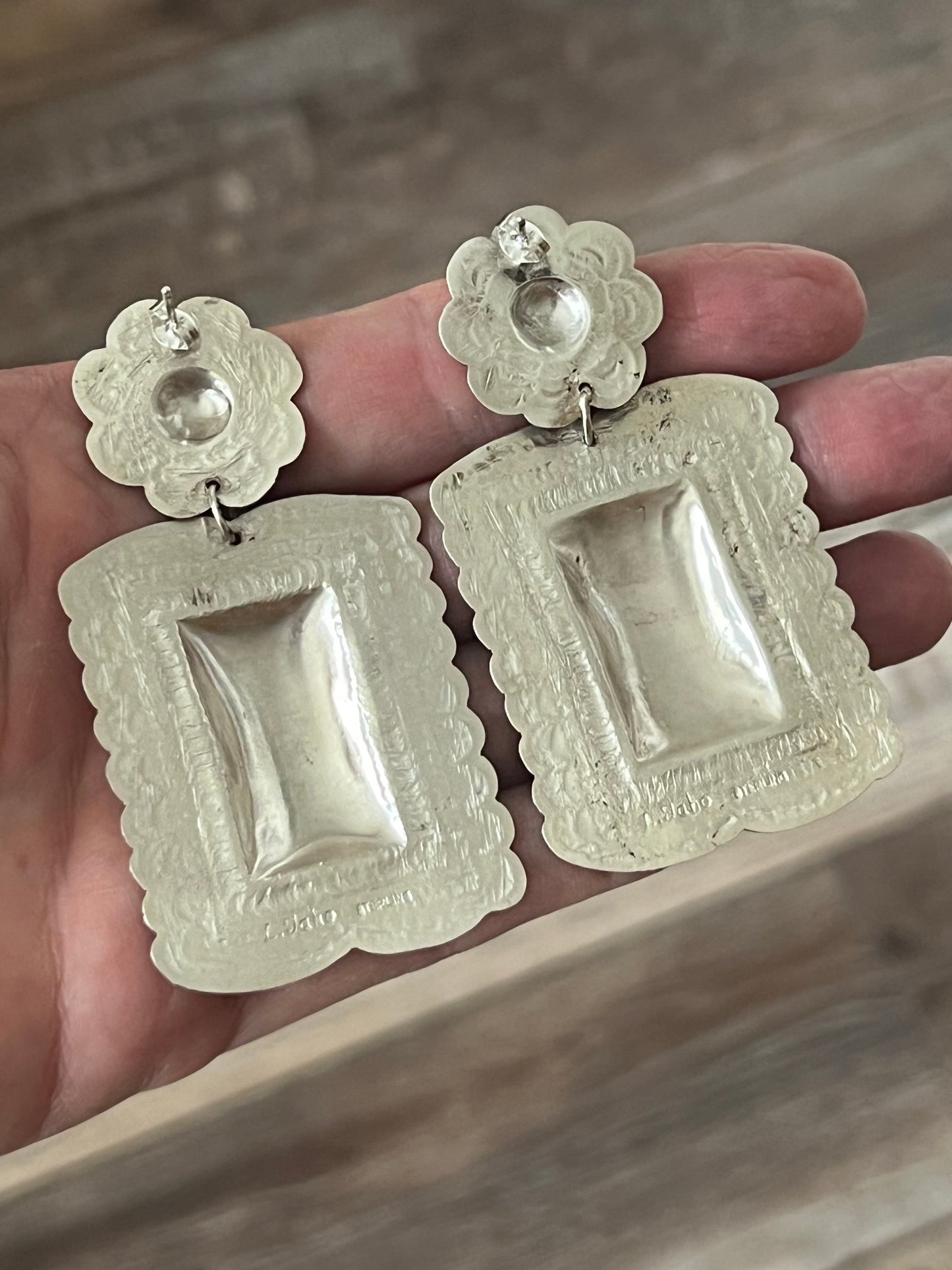 Handcrafted Sterling Silver Stamped Repousse Rectangle Earrings by Leander Tahe, R2