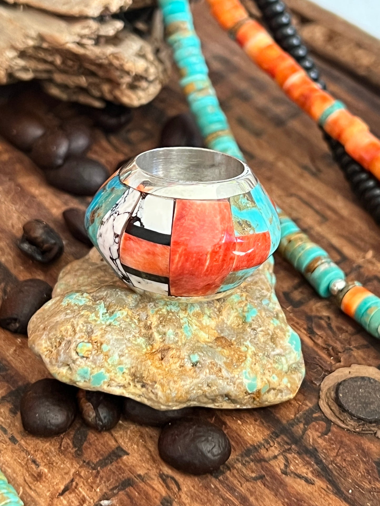 Daniel Coriz Triple Strand Spiny Oyster, Onyx and Turquoise Beaded Necklace w/ Removable Sterling Silver & Stone Inlay Bead