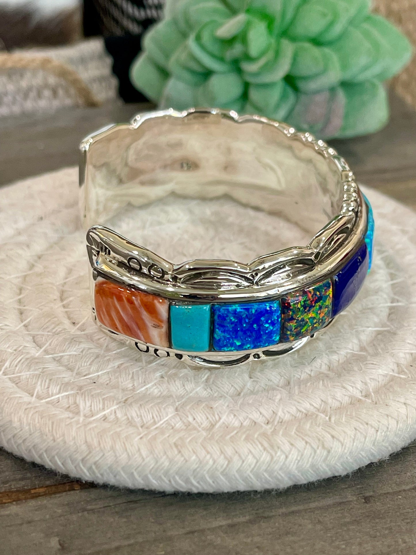 Handmade Sterling Silver Multi Stone Inlay Cuff
