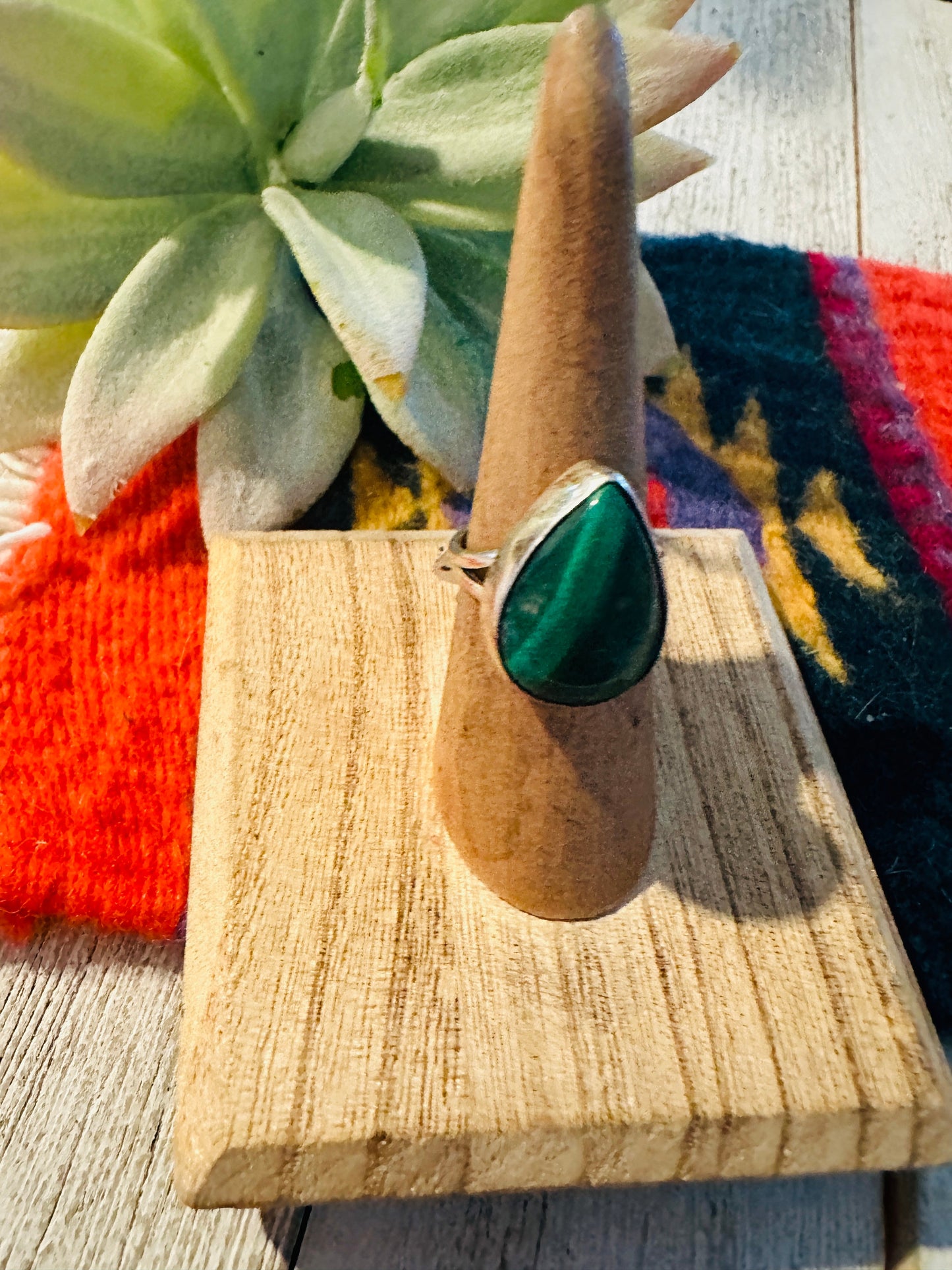 Handcrafted Malachite & Sterling Silver Teardrop Ring