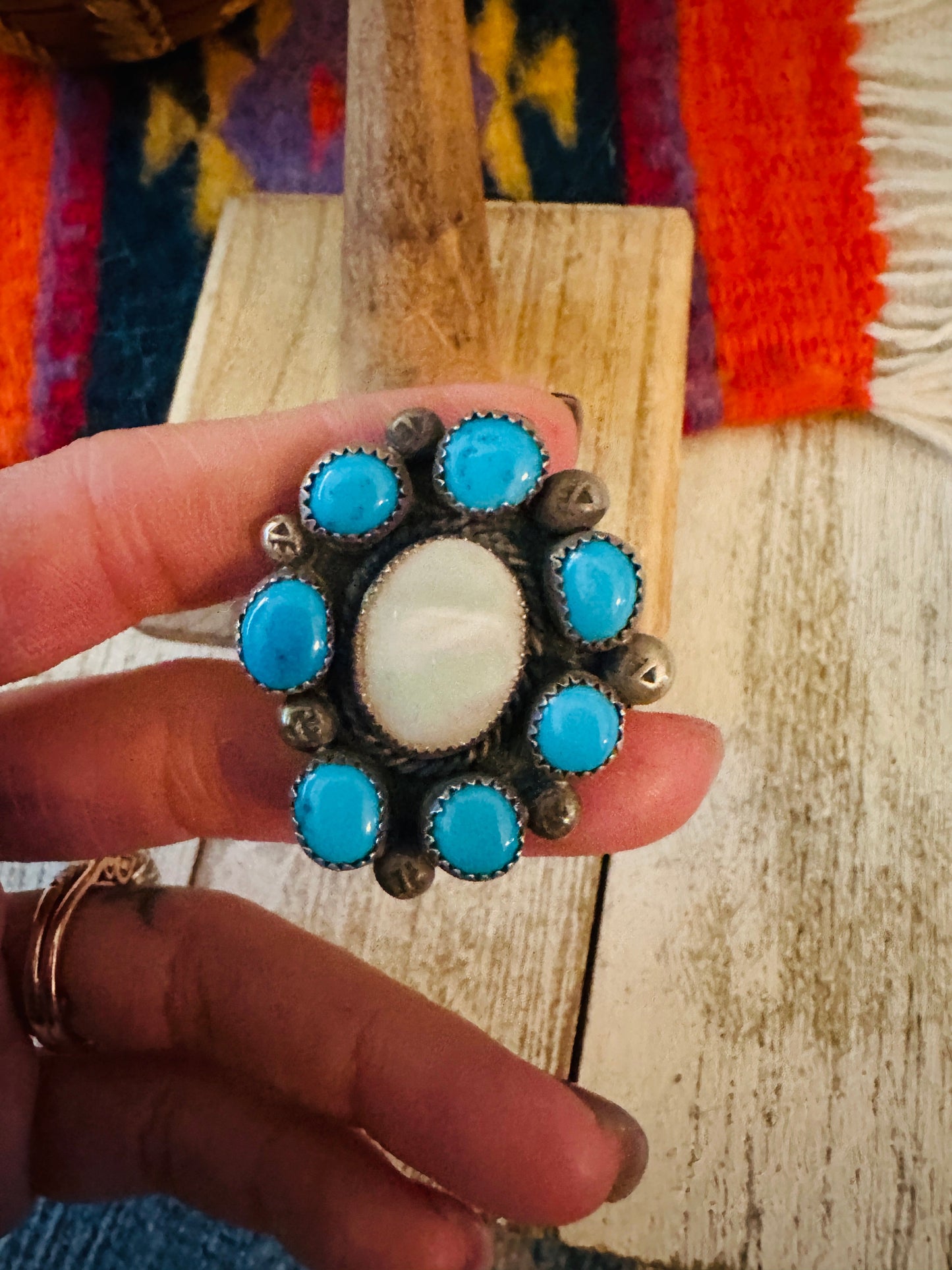Handcrafted Sterling Silver, Turquoise & Mother of Pearl Cluster Ring Size 9.5