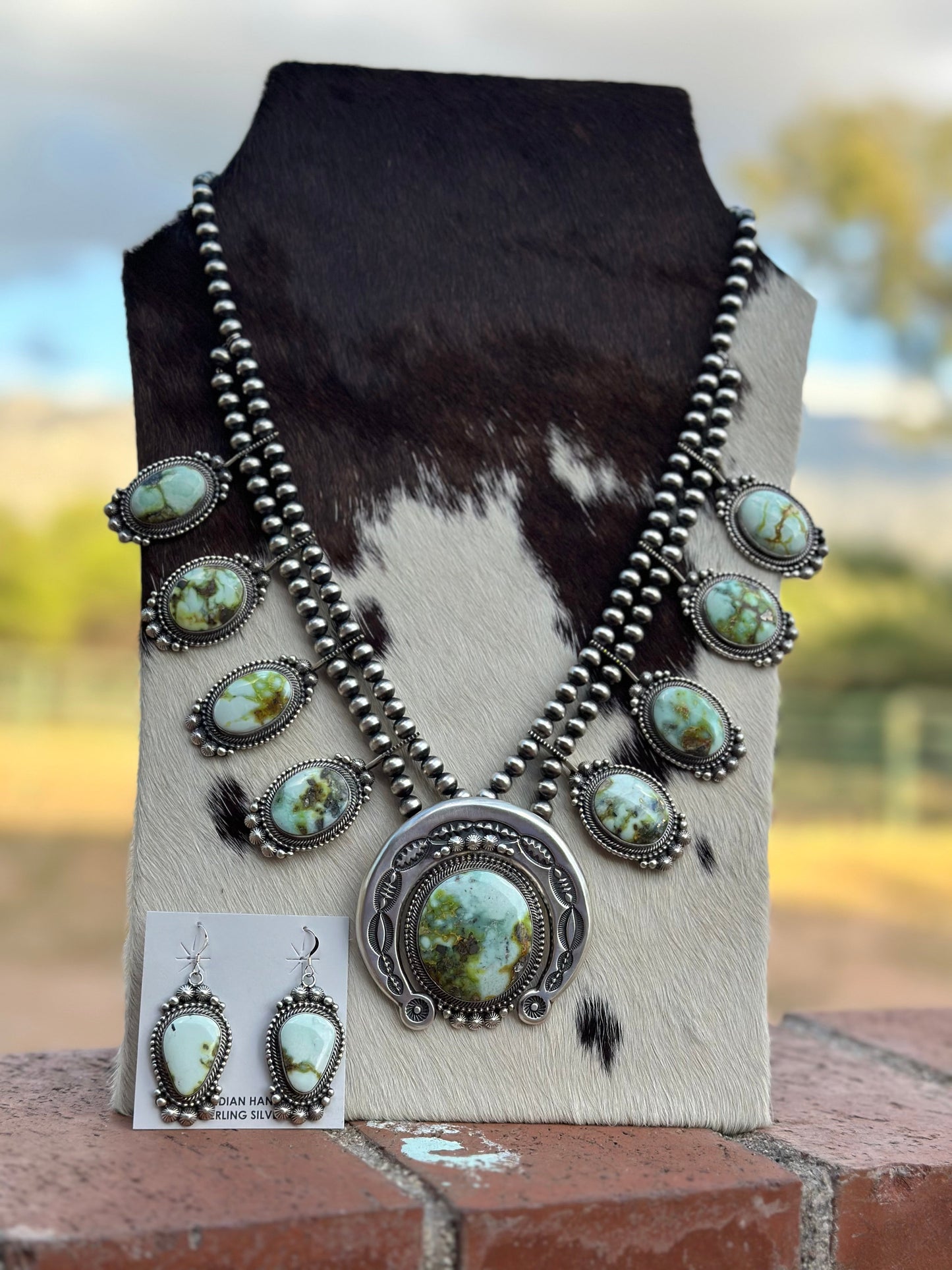 Handcrafted Sterling Silver & Palomino Turquoise Squash Blossom Necklace and Earring Set