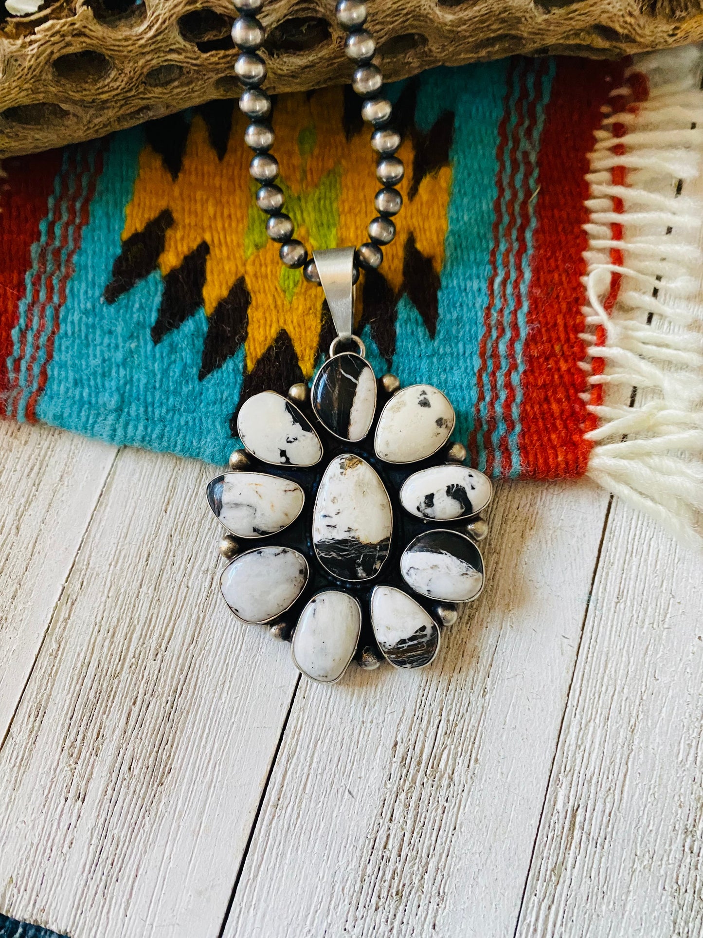 Navajo White Buffalo And Sterling Silver Cluster Pendant