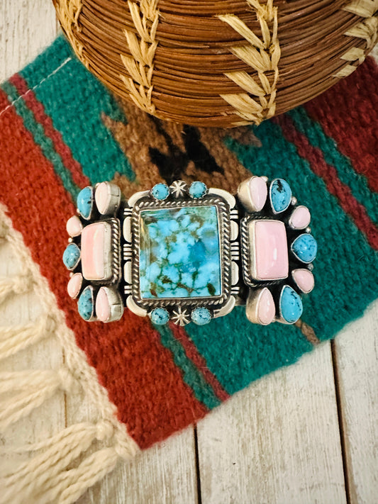 Handcrafted Sterling Silver, Turquoise & Queen Pink Conch Cuff Bracelet