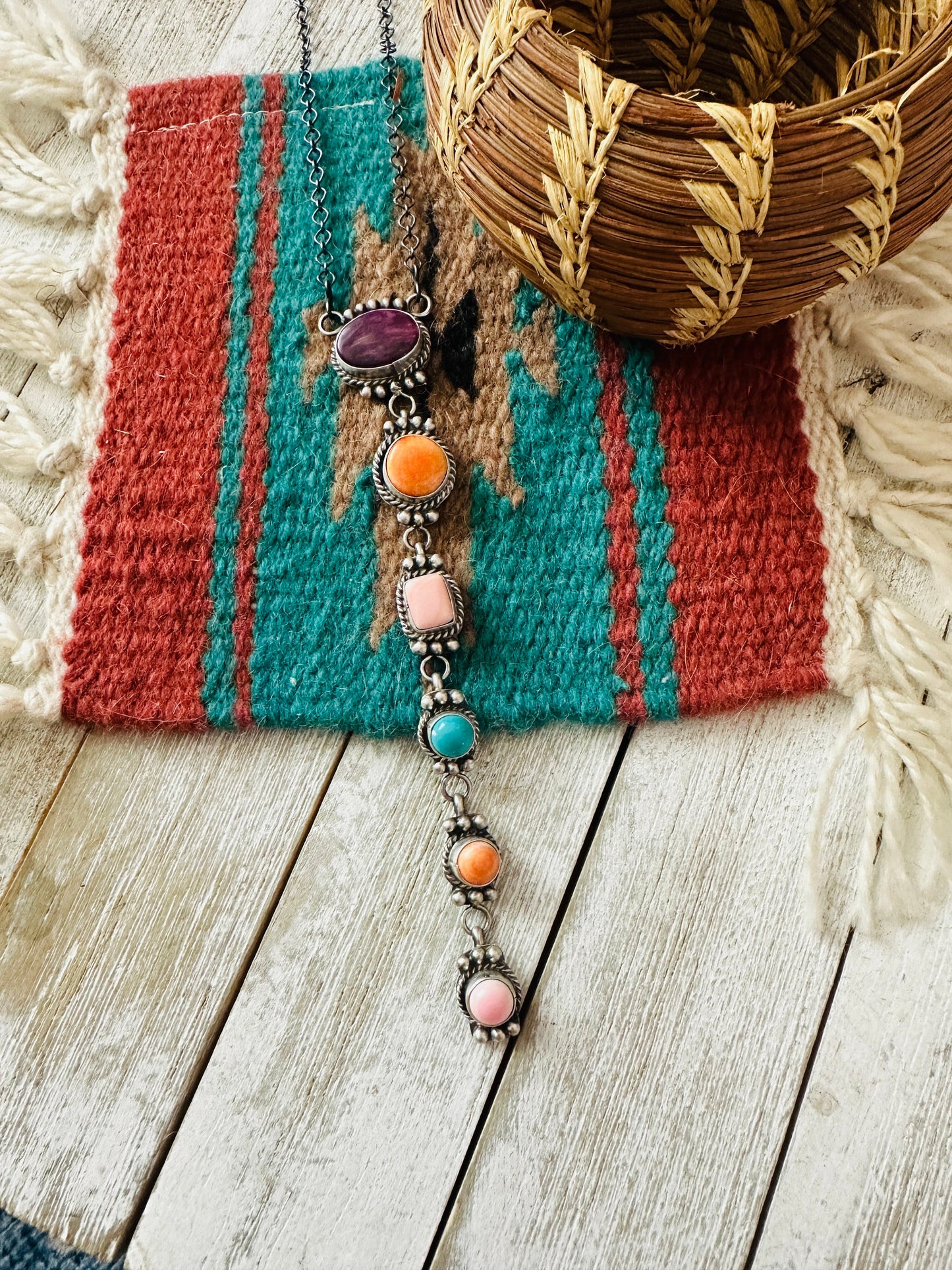 Handcrafted Sterling Silver & Multi Stone Lariat Necklace