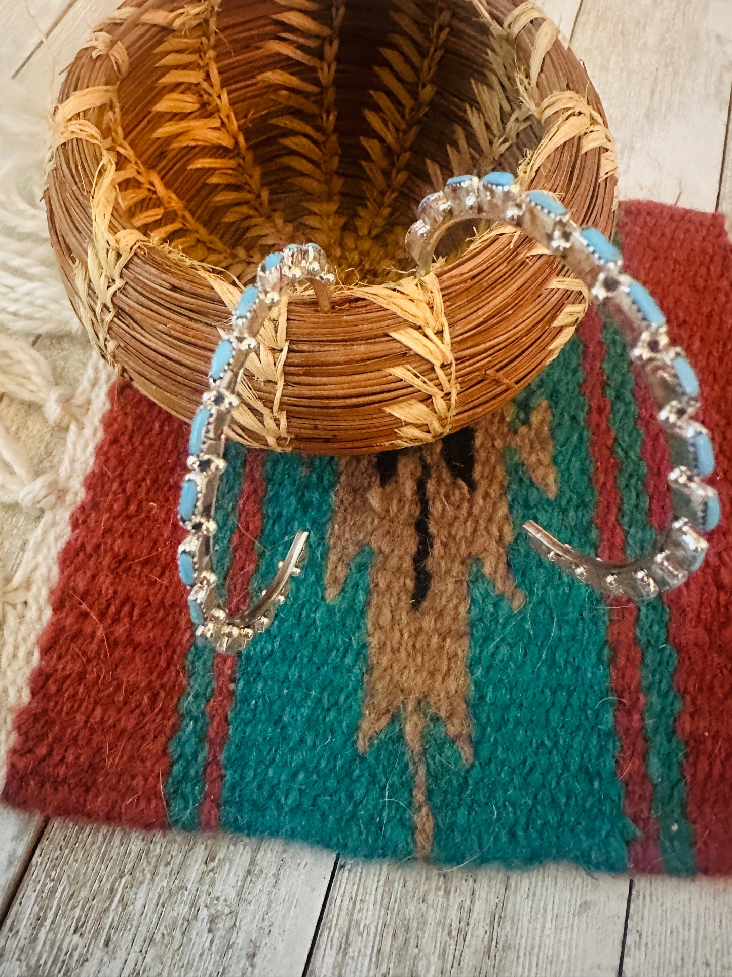 Handcrafted Turquoise & Sterling Silver Needlepoint Hoop Earrings Leslies fav