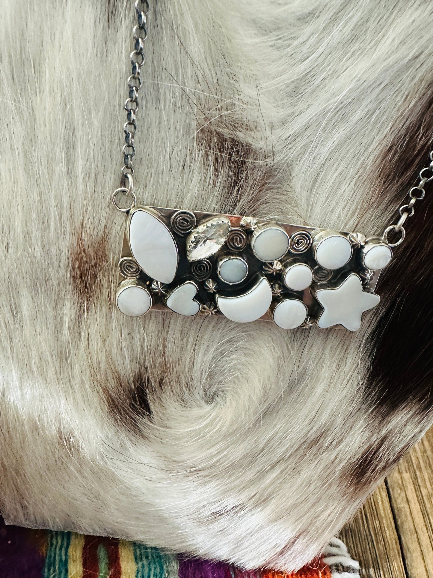 Handcrafted Mother of Pearl, CZ & Sterling Silver Bar Necklace by Jacqueline Silver